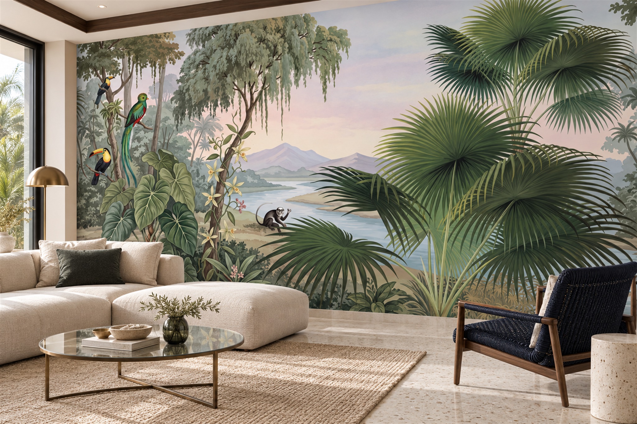 Tropical River Palms With Parrots And Monkey Wallpaper Mural — Wallpaper Mural Design, Peel-and-stick Finish