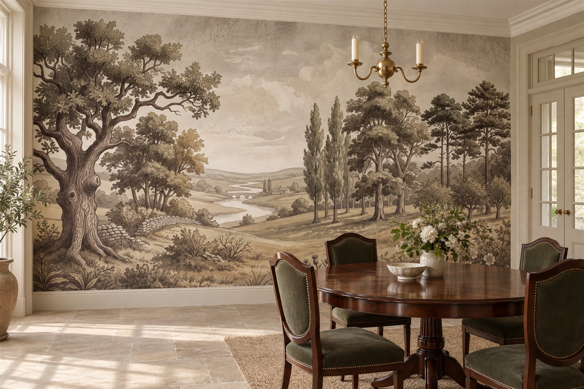Sepia Pattern Decorative Wallpaper Mural Dining-room-wallpaper-murals, Shown In A Dining Room, Peel-and-stick Finish