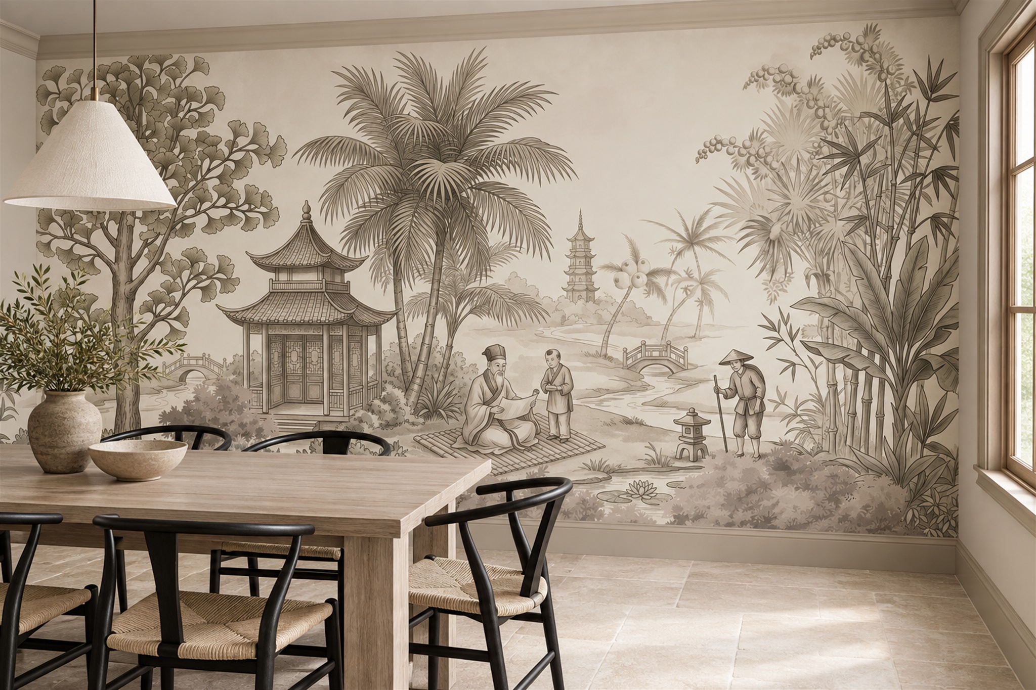 Sepia Pagoda Garden And River Scholars Wallpaper Mural — Wallpaper Mural Design, Peel-and-stick Finish