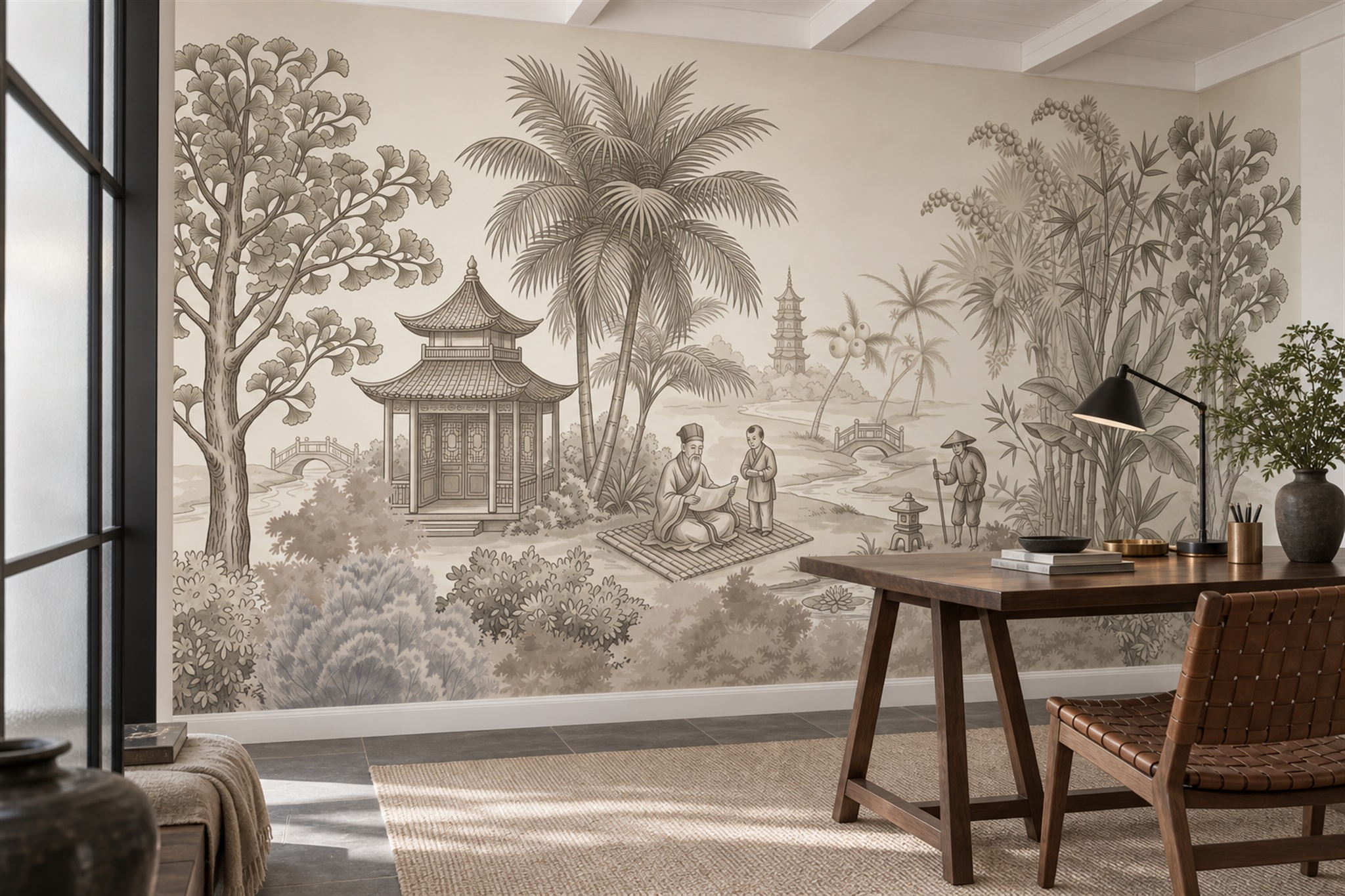 Taupe Pattern Decorative Atmospheric Wallpaper Mural Dining-room-wallpaper-murals, Peel-and-stick Finish