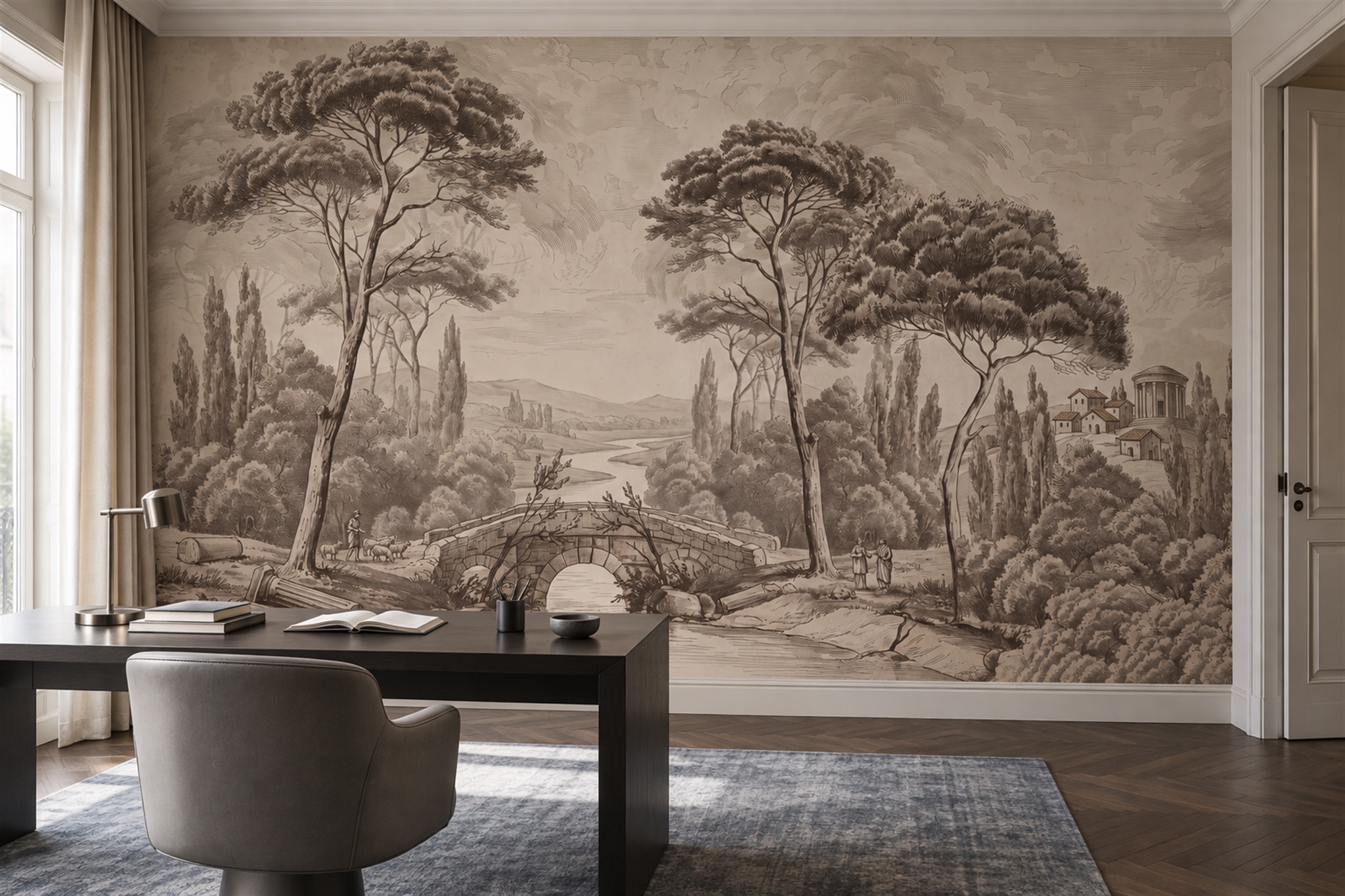 Sepia Bridge Scenic Wallpaper Mural Home-office-wallpaper-murals, Shown In A Home Office, Peel-and-stick Finish