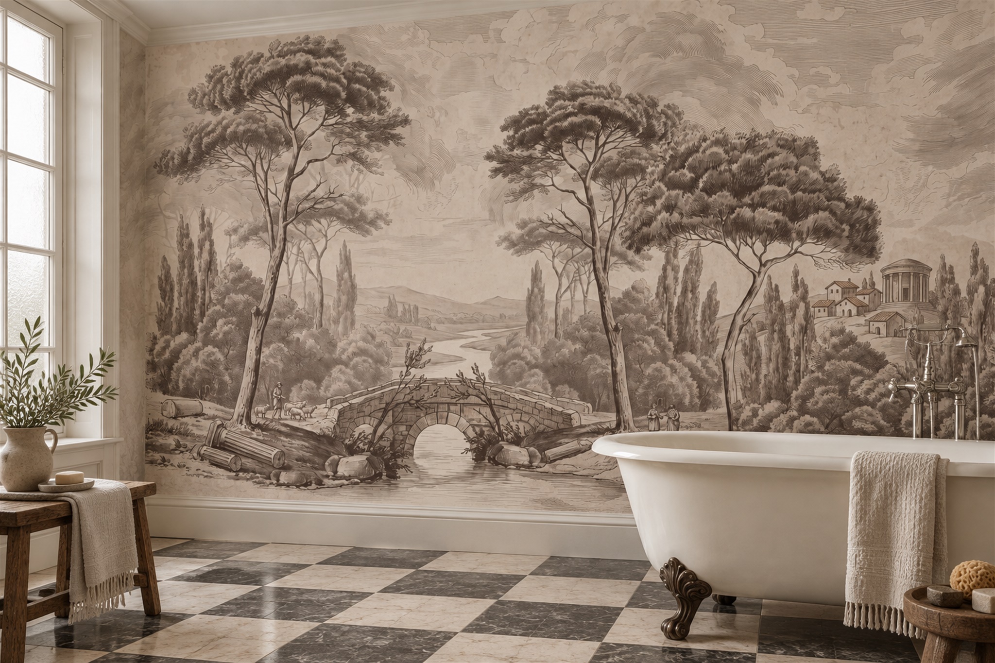 Sepia Bridge Scenic Wallpaper Mural Bathroom-wallpaper-murals, Peel-and-stick Finish