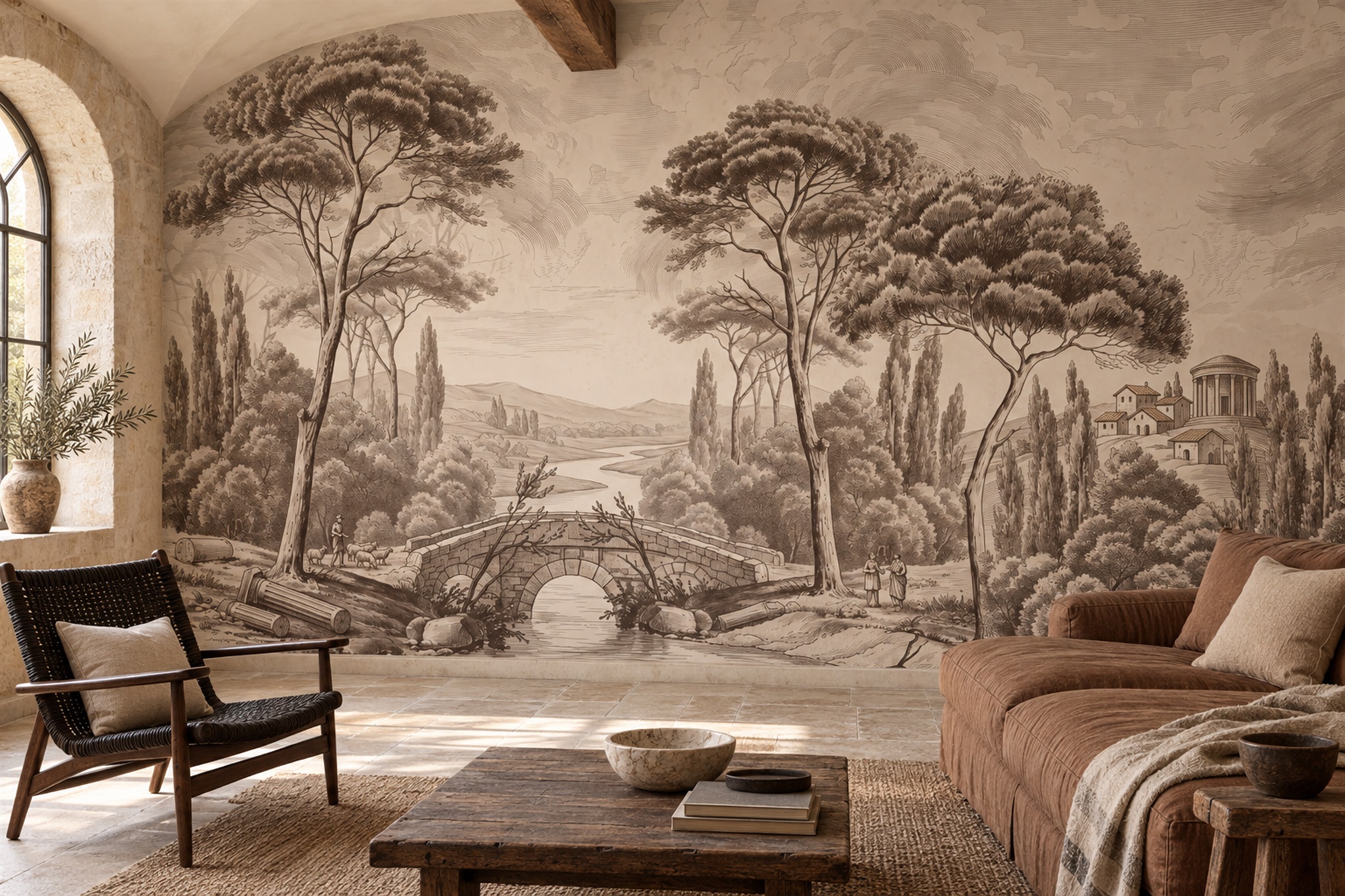 Sepia River Bridge, Sheep And Cypress Valley Wallpaper Mural — Wallpaper Mural Design, Peel-and-stick Finish