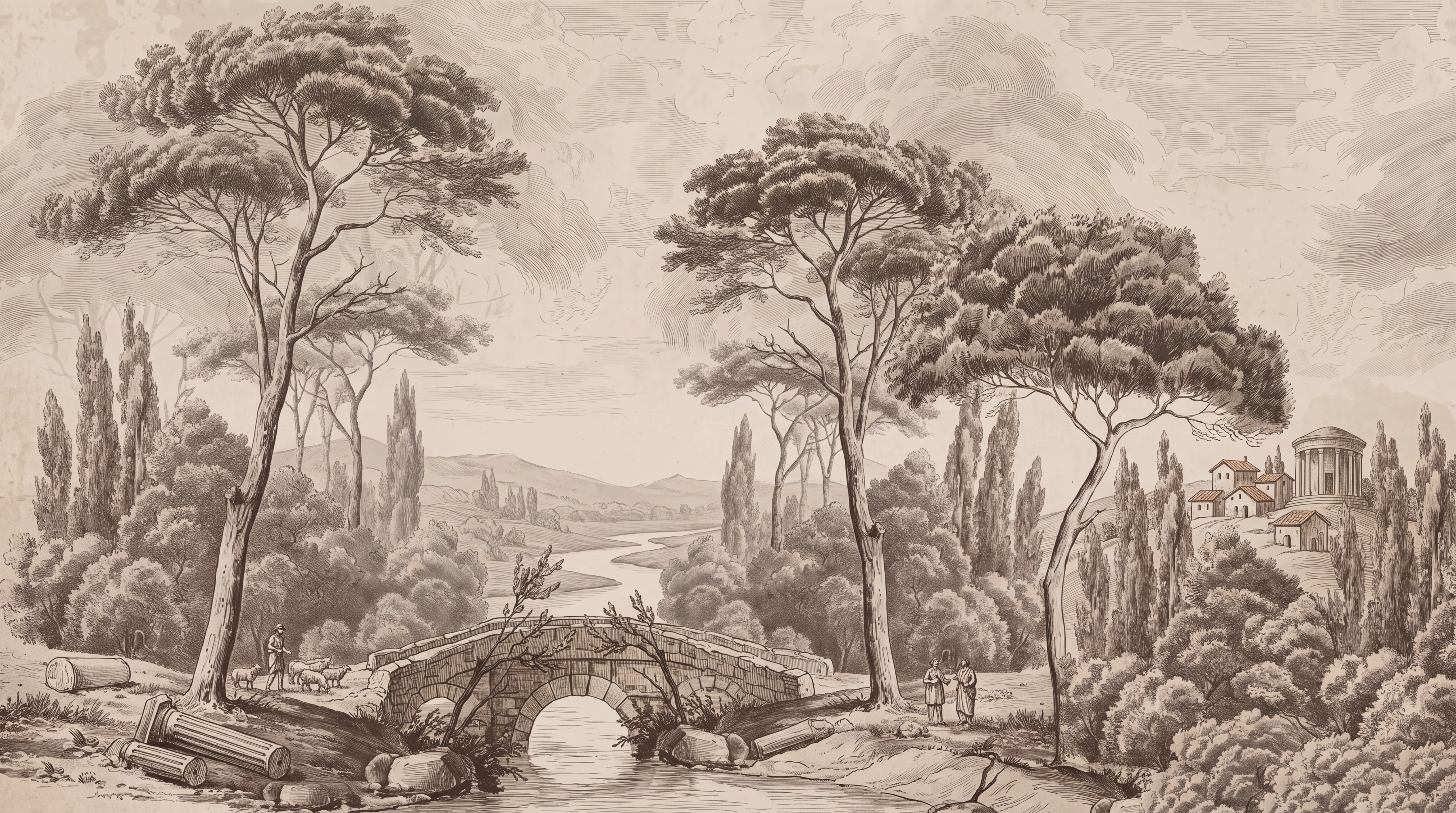 Sepia Bridge Scenic Wallpaper Mural, Peel-and-stick Finish