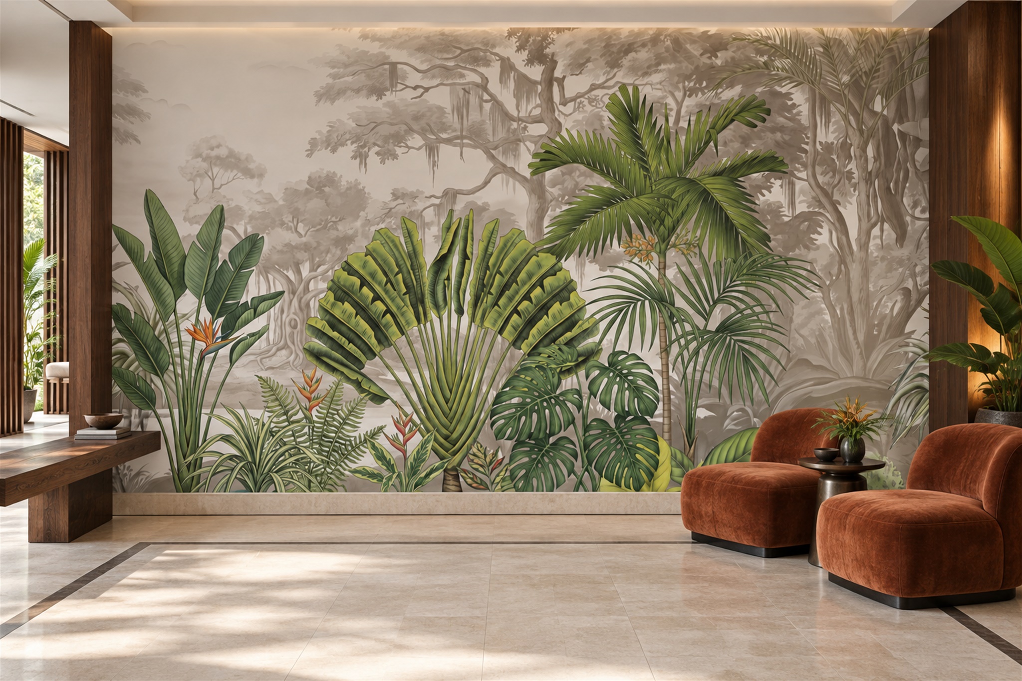 Neutral Leaf Botanical Wallpaper Mural Entryway-wallpaper-murals, Peel-and-stick Finish