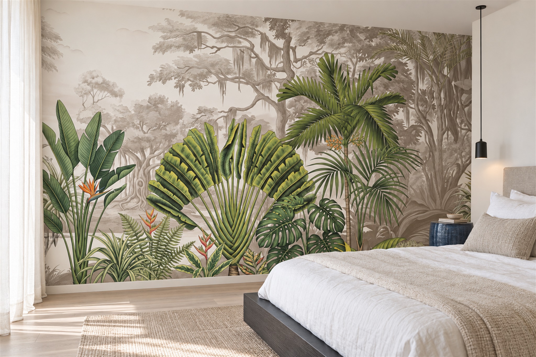 Neutral Leaf Botanical Wallpaper Mural Bedroom-wallpaper-murals, Peel-and-stick Finish