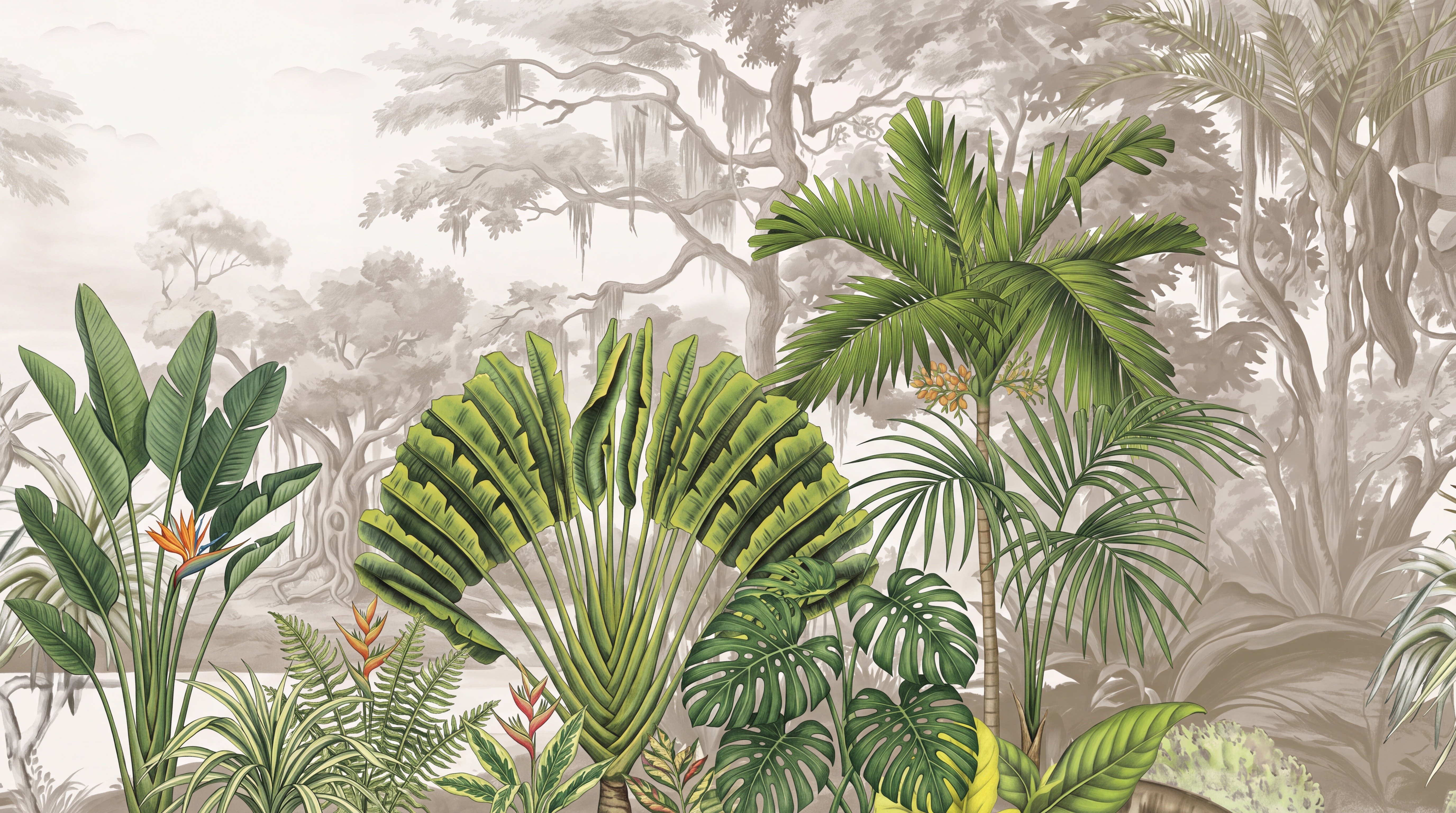 Neutral Leaf Botanical Wallpaper Mural Dining-room-wallpaper-murals, Peel-and-stick Finish
