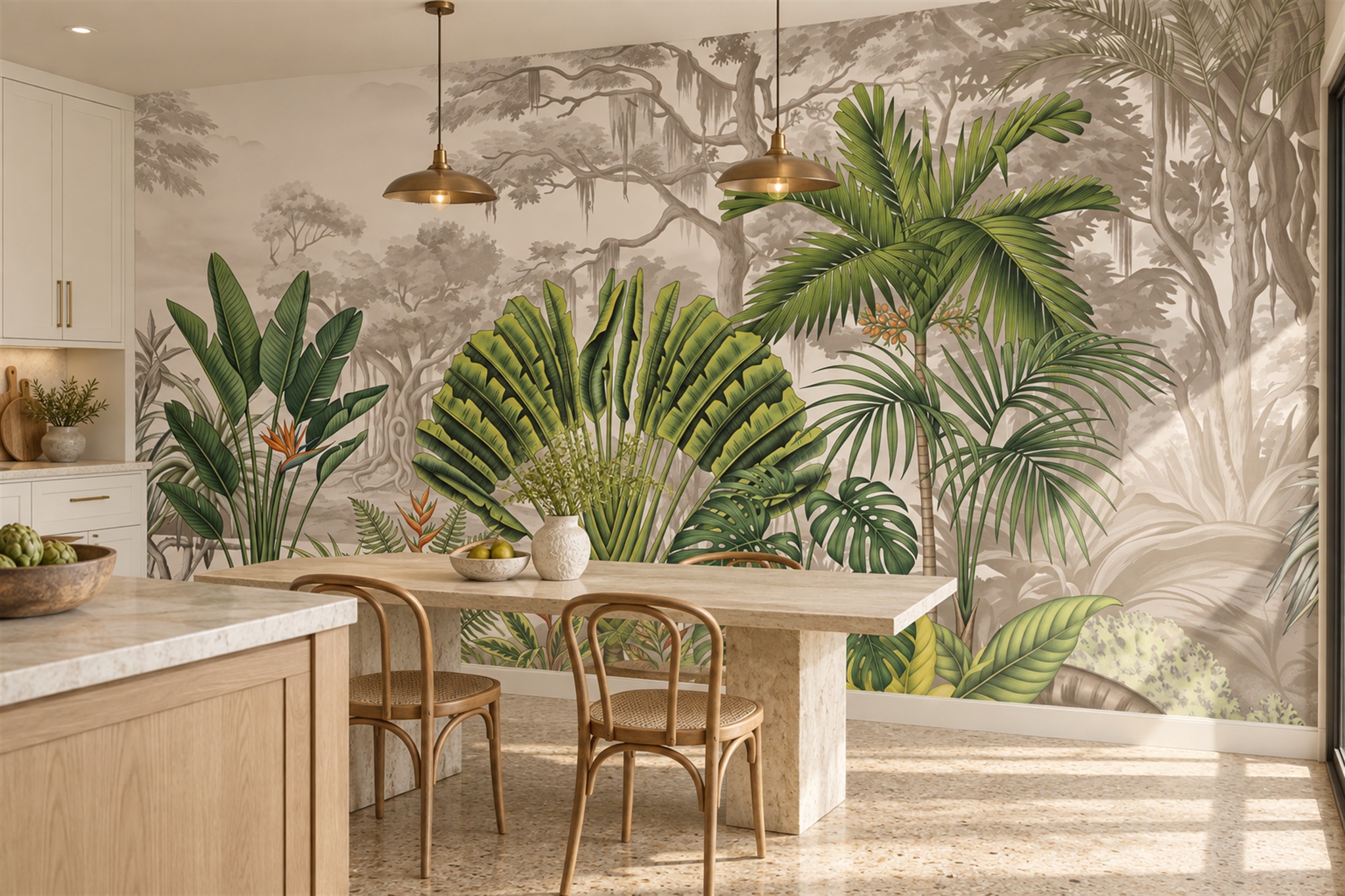 Tropical Palms And Monstera Before A Misty Woodland Wallpaper Mural — Wallpaper Mural Design, Peel-and-stick Finish