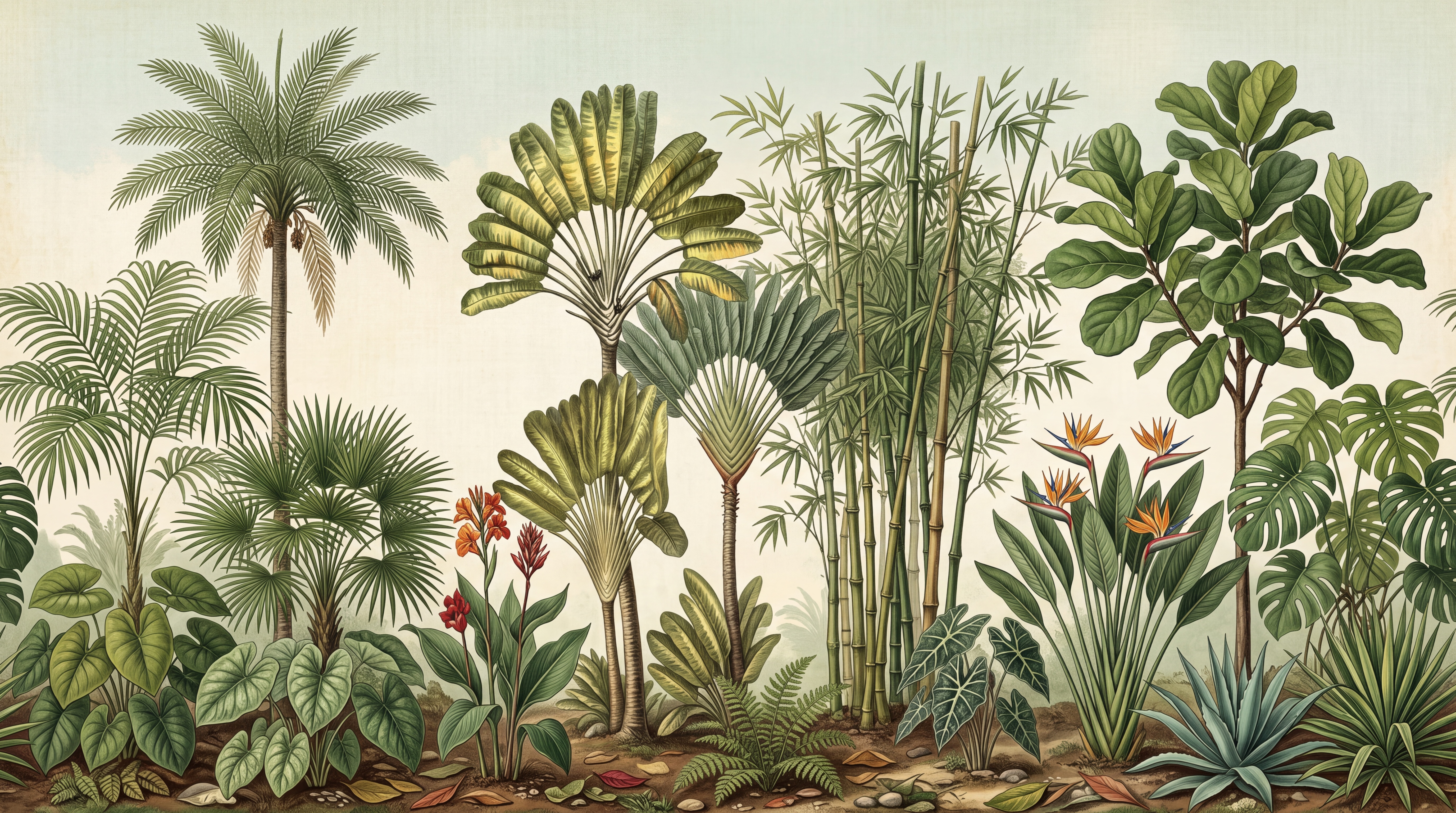 Green Tropical Artful Layered Wallpaper Mural, Peel-and-stick Finish