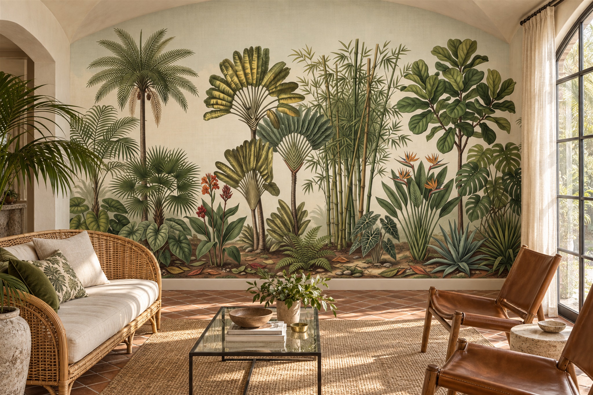 Green Tropical Artful Layered Wallpaper Mural Accent-wall-wallpaper-murals, Peel-and-stick Finish