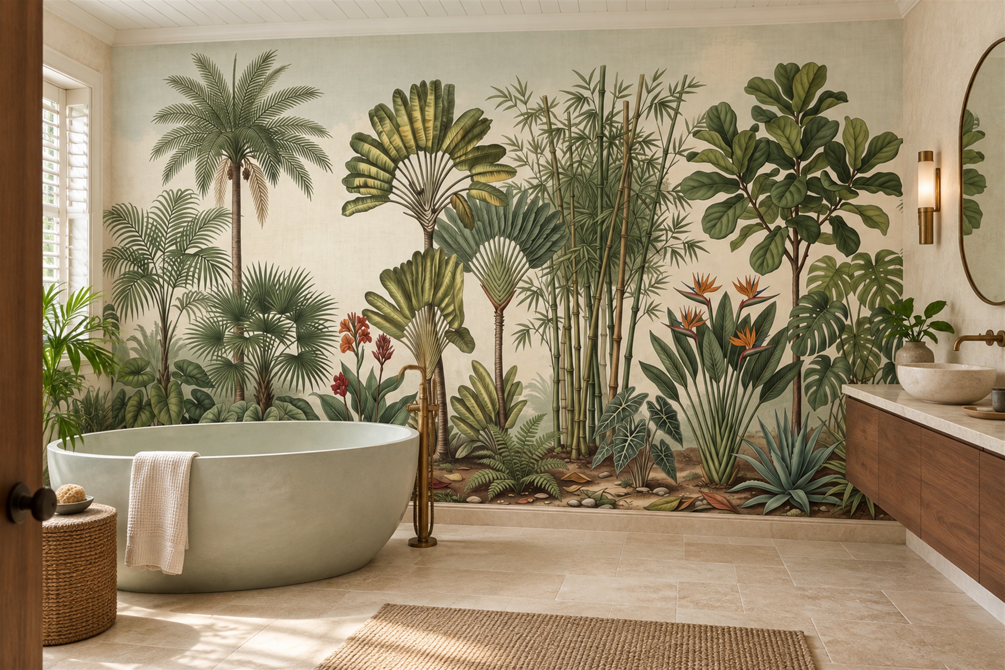 Green Tropical Artful Layered Wallpaper Mural Bathroom-wallpaper-murals, Peel-and-stick Finish