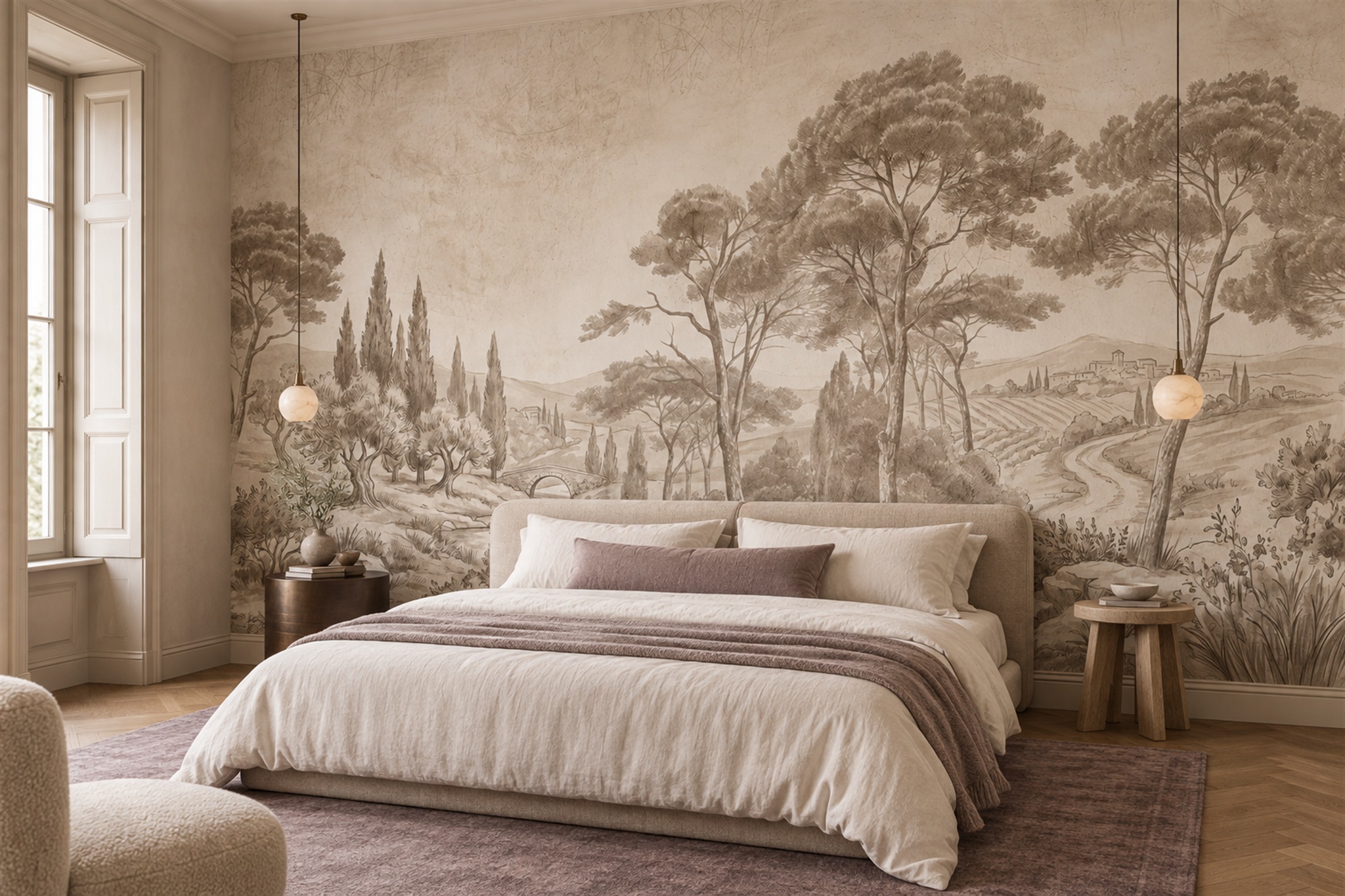 Sepia Tuscan Cypress And Stone Bridge Wallpaper Mural — Installed Wallpaper Mural In A Bedroom, Peel-and-stick Finish