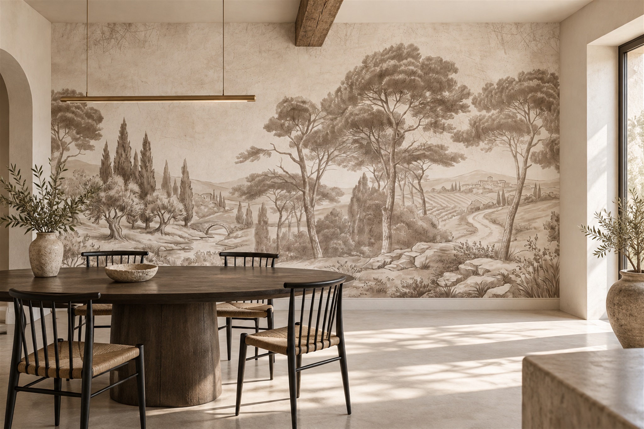 Taupe Pine Scenic Wallpaper Mural Dining-room-wallpaper-murals, Shown In A Dining Room, Peel-and-stick Finish