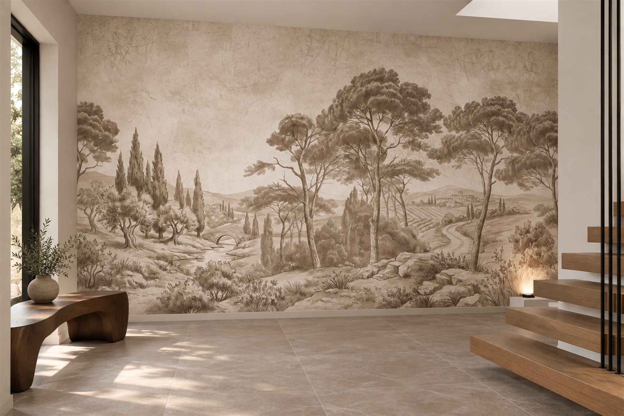 Taupe Pine Scenic Wallpaper Mural Bedroom-wallpaper-murals, Peel-and-stick Finish