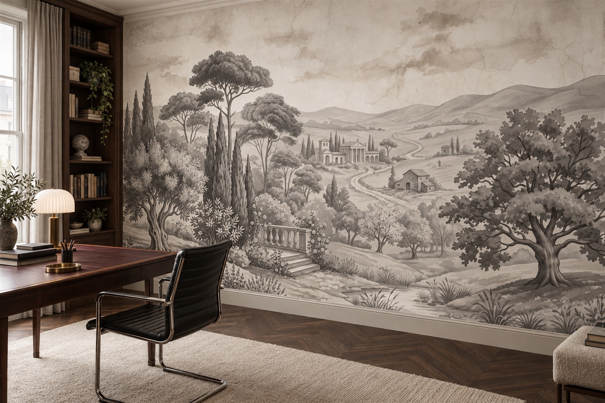 Grey Tuscan Villa And Cypress Garden Wallpaper Mural — Wallpaper Mural Design, Peel-and-stick Finish