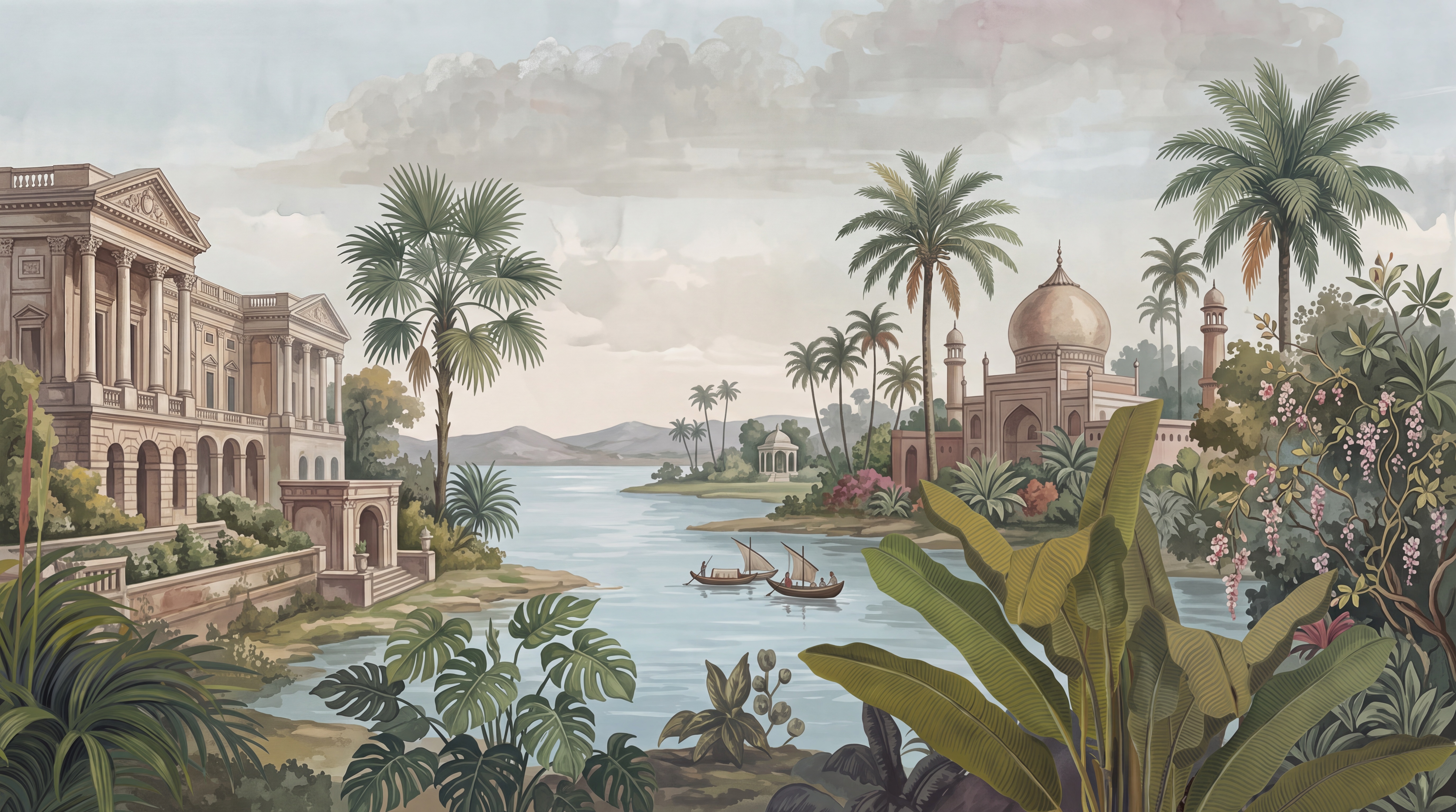 Sage Palace Scenic Wallpaper Mural, Peel-and-stick Finish