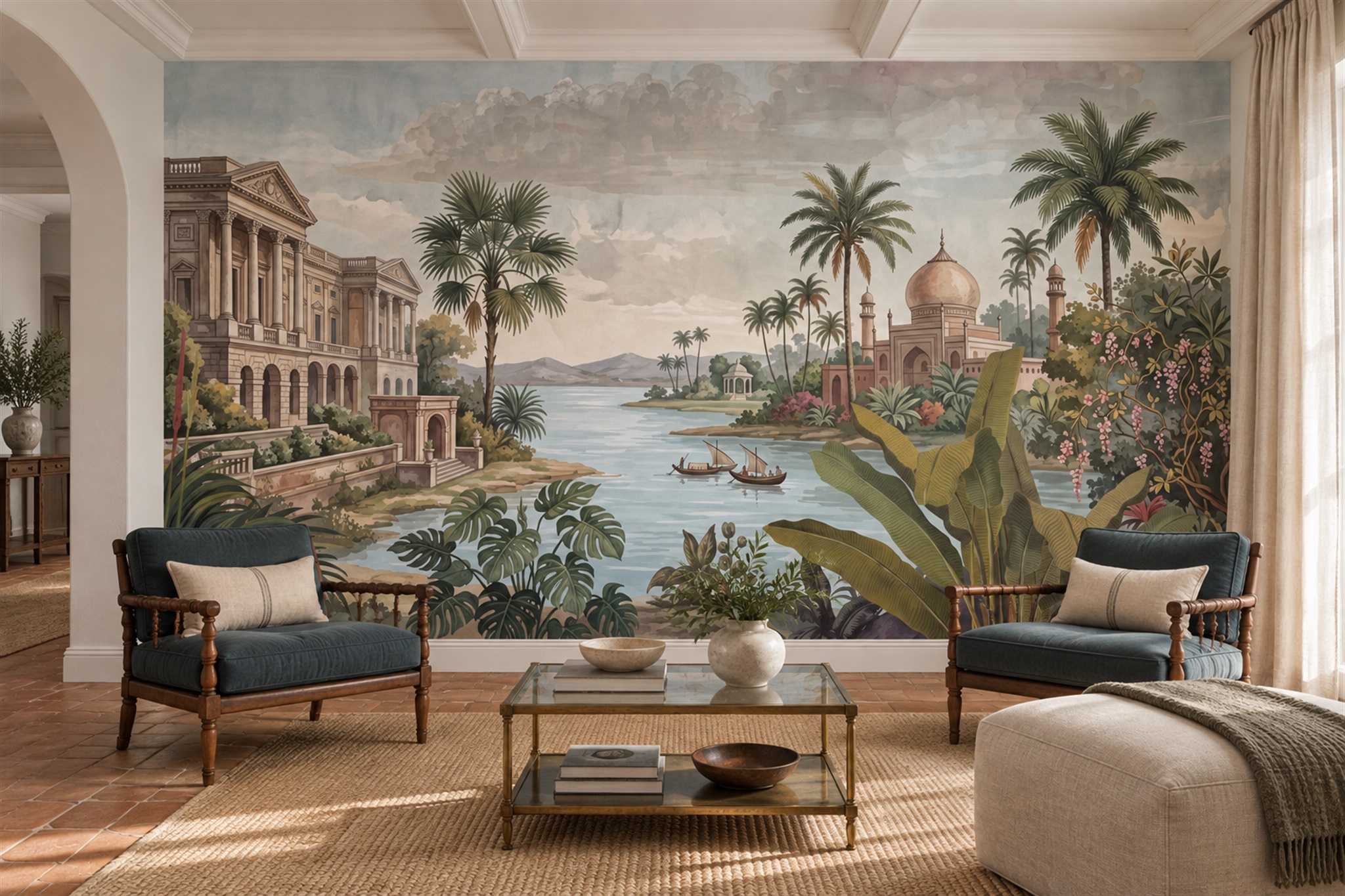 Sage Palace Scenic Wallpaper Mural Living-room-wallpaper-murals, Shown In A Living Room, Peel-and-stick Finish