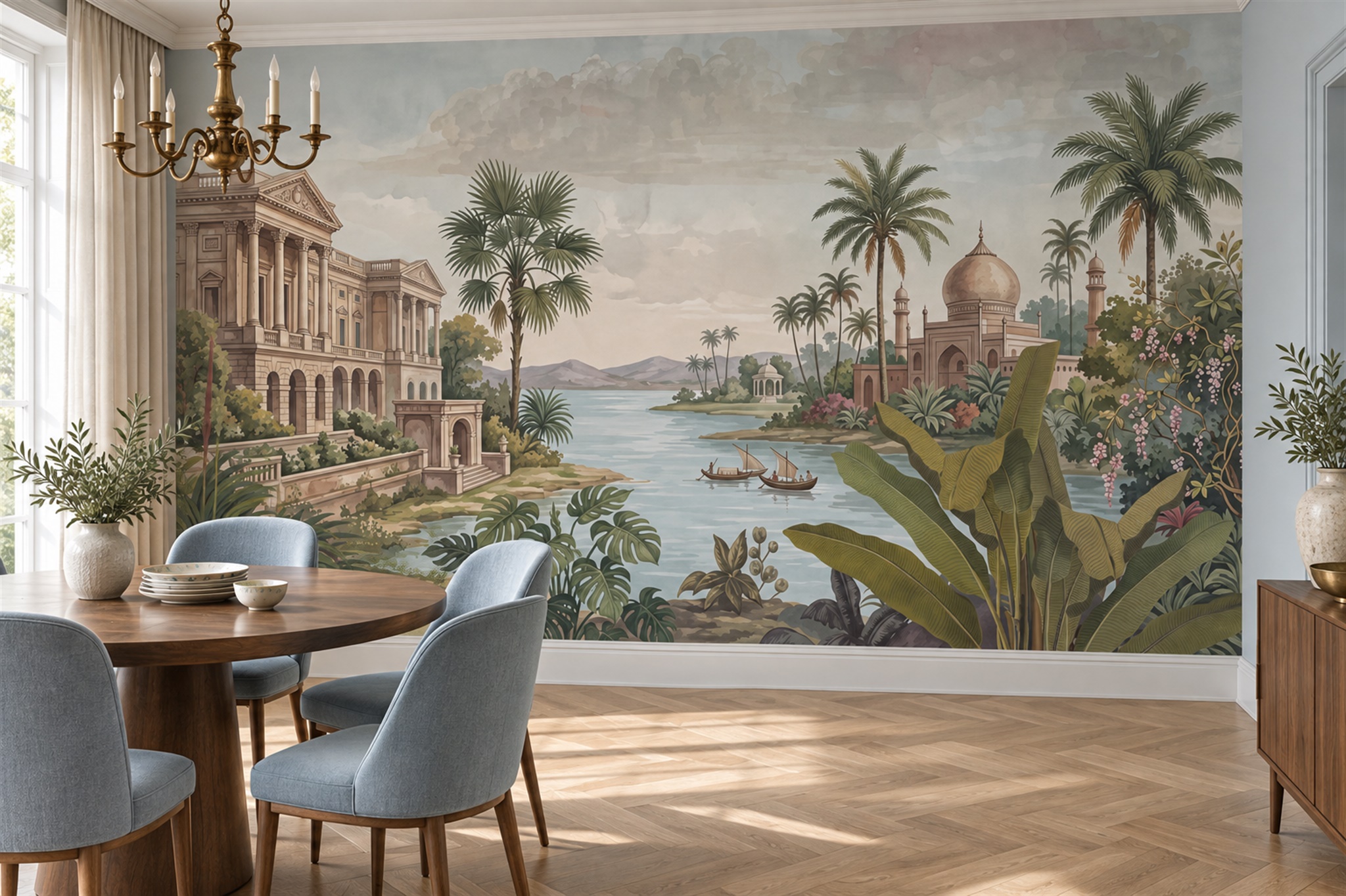 Sage Palace Scenic Wallpaper Mural Bedroom-wallpaper-murals, Peel-and-stick Finish