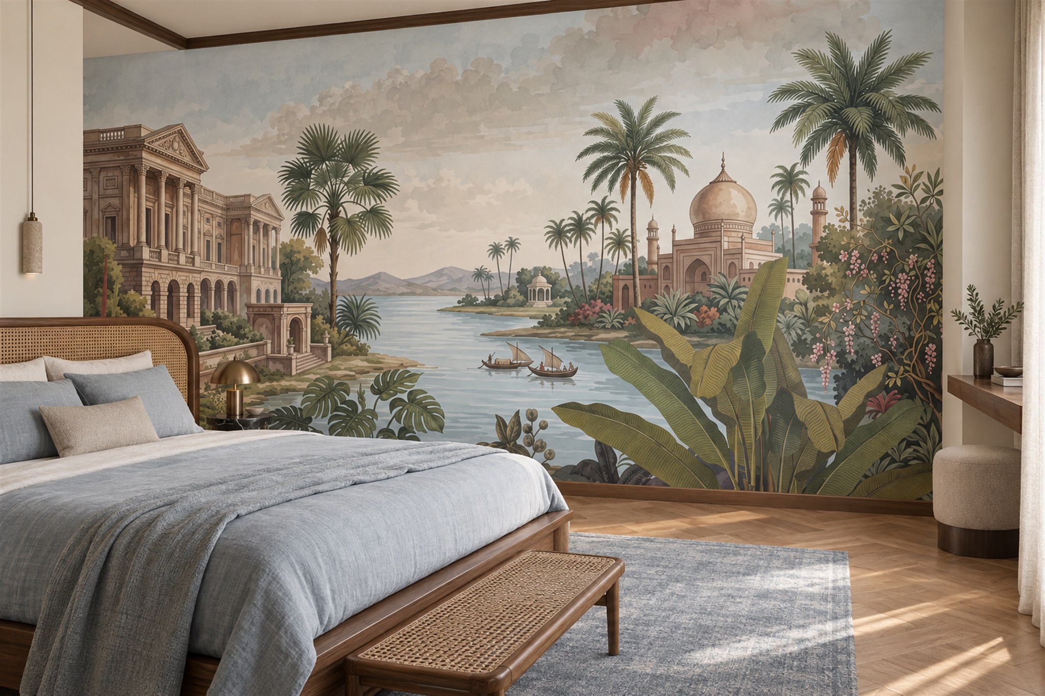 Palace Domes And Palm-lined Lake Wallpaper Mural — Installed Wallpaper Mural In A Bedroom, Peel-and-stick Finish
