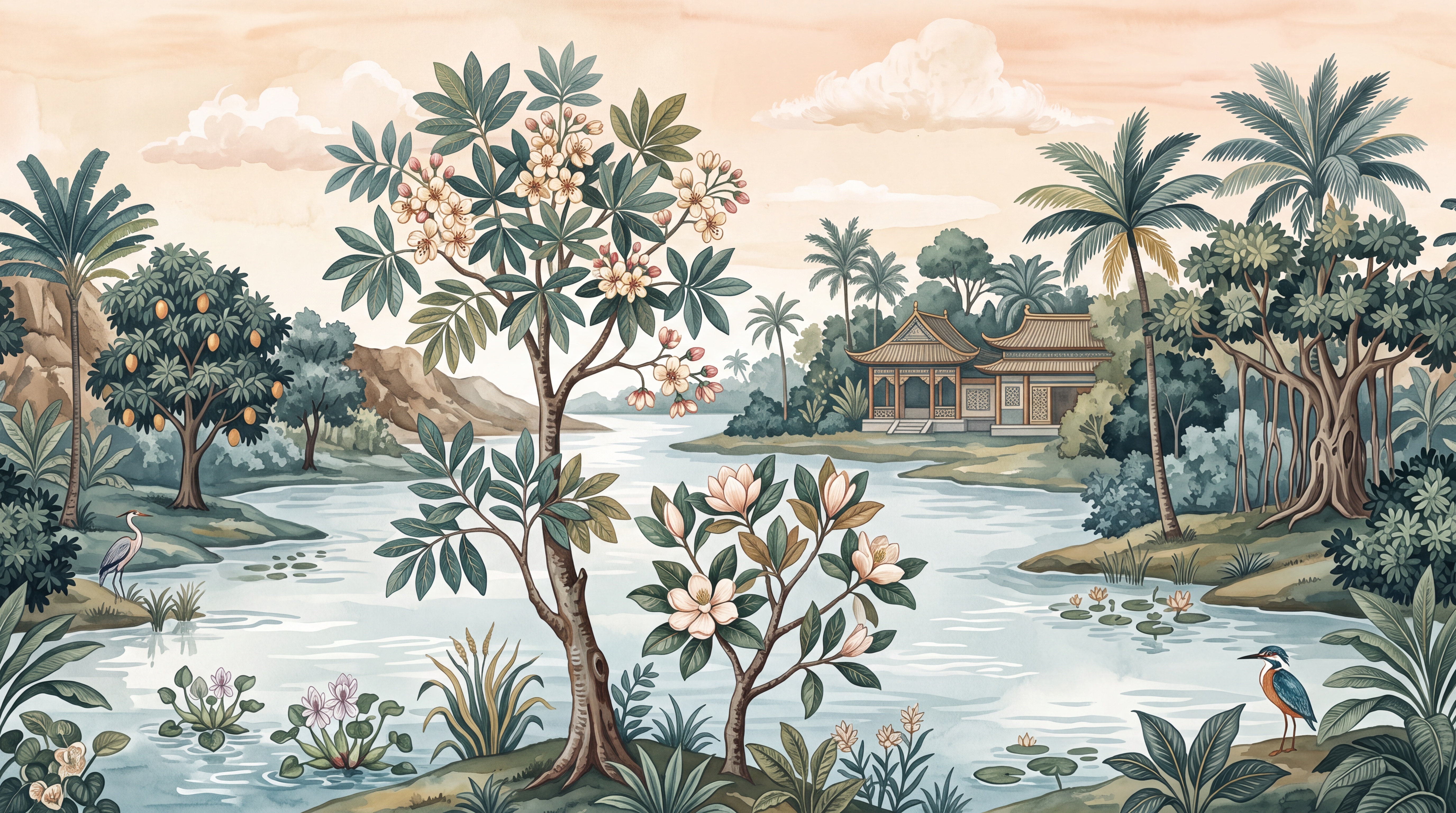 Teal Garden Scenic Wallpaper Mural, Peel-and-stick Finish