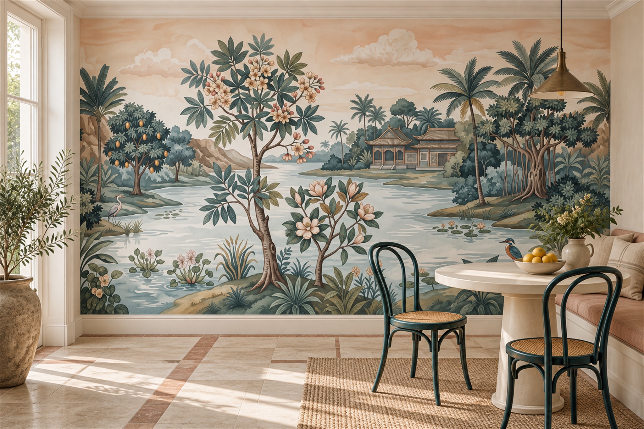 Teal River Garden With Pavilion, Blossoms And Waterbirds Wallpaper Mural — Wallpaper Mural Design, Peel-and-stick Finish
