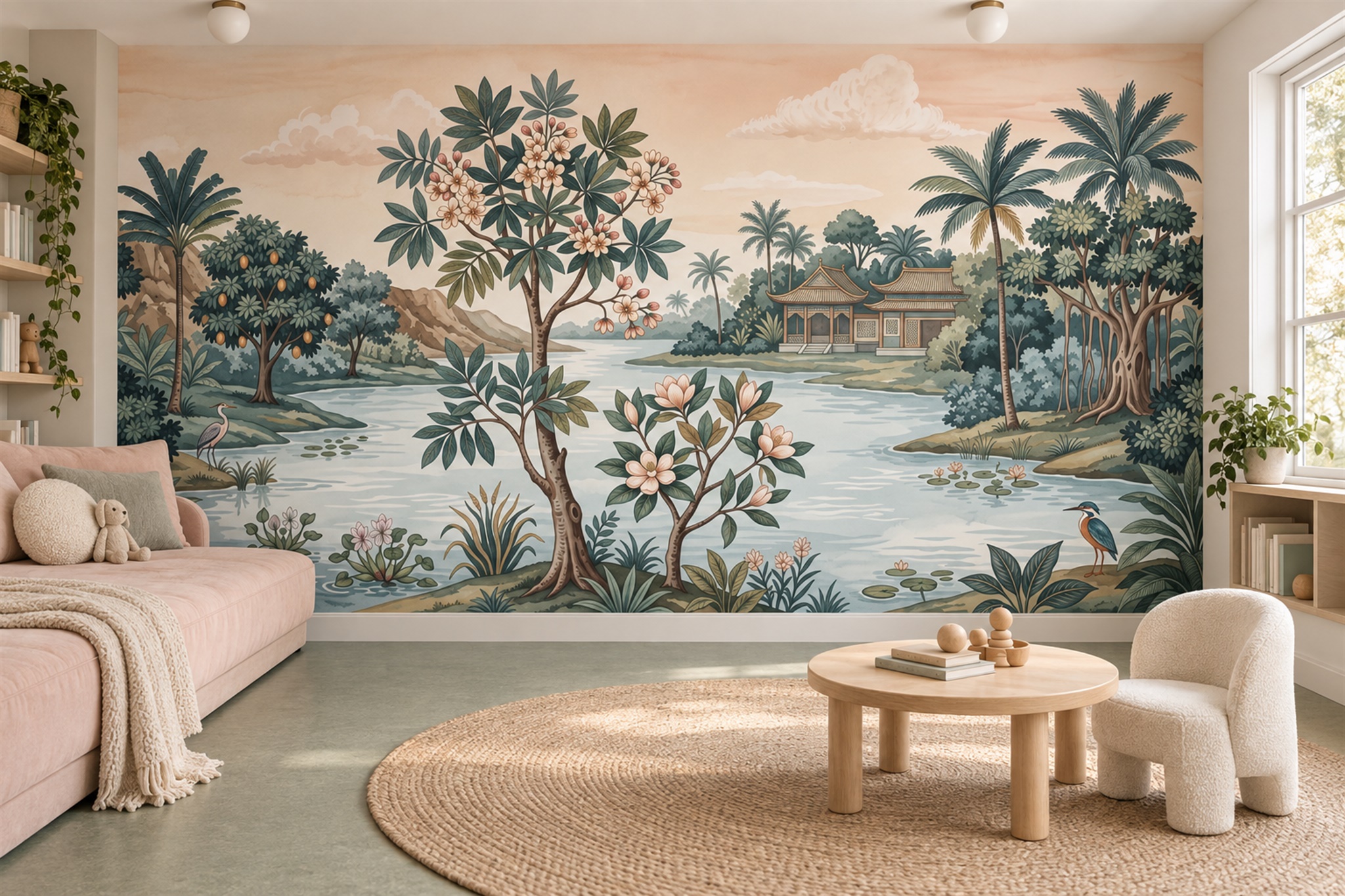 Teal Garden Scenic Wallpaper Mural Accent-wall-wallpaper-murals, Peel-and-stick Finish