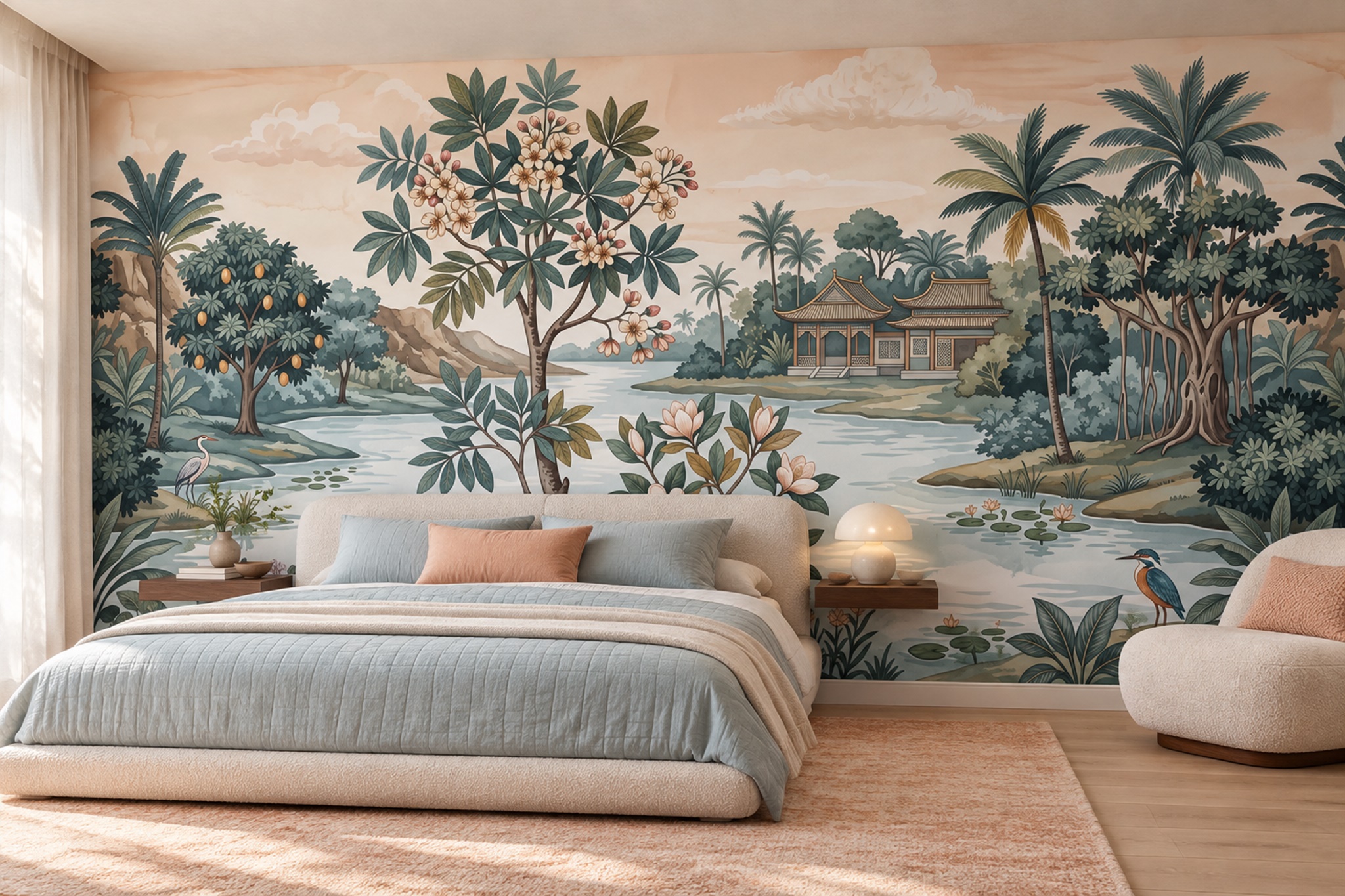 Teal Garden Scenic Wallpaper Mural Dining-room-wallpaper-murals, Peel-and-stick Finish