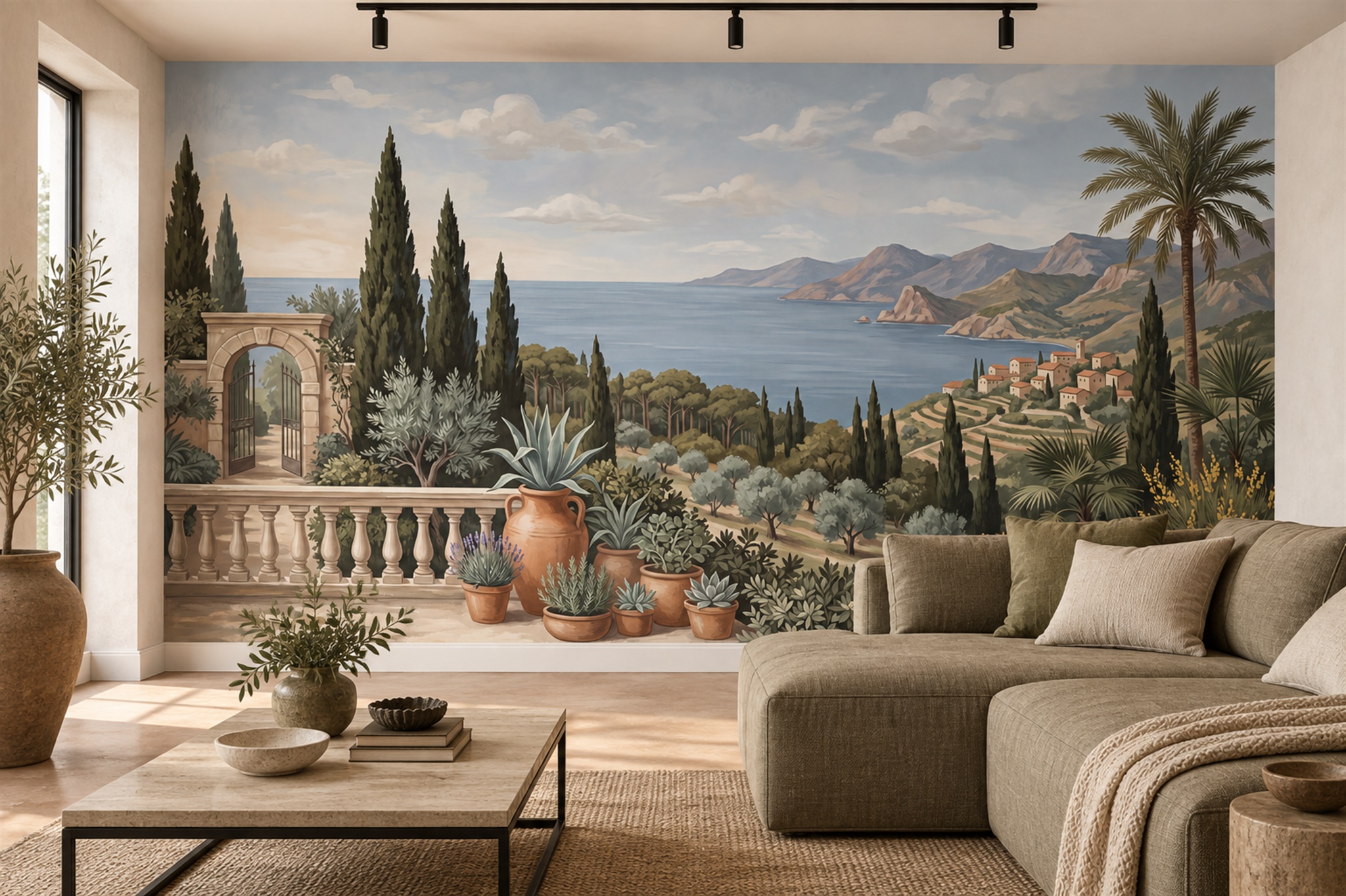 Blue Coastal Scenic Layered Wallpaper Mural Living-room-wallpaper-murals, Peel-and-stick Finish