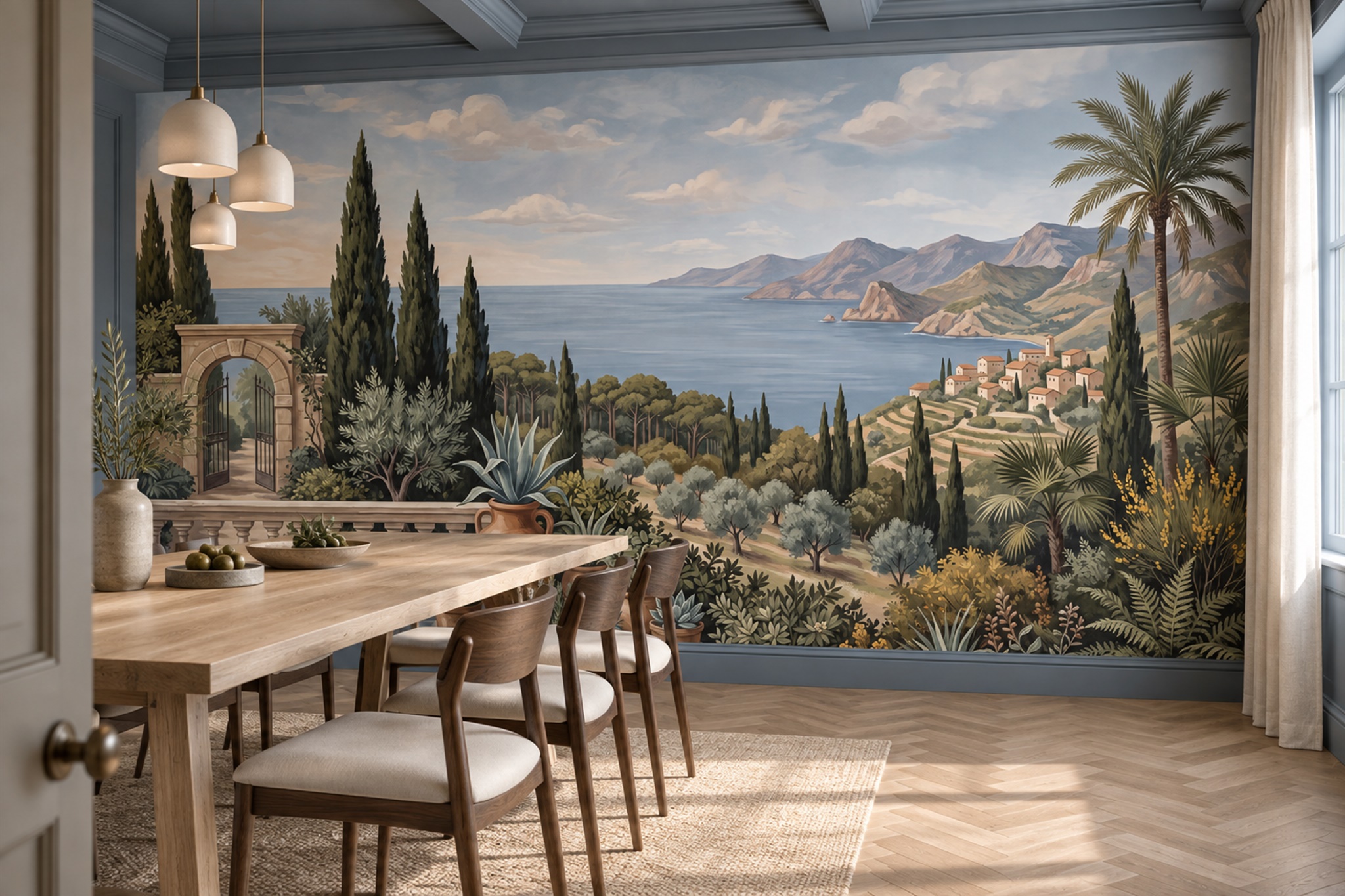 Blue Coastal Scenic Layered Wallpaper Mural Dining-room-wallpaper-murals, Peel-and-stick Finish