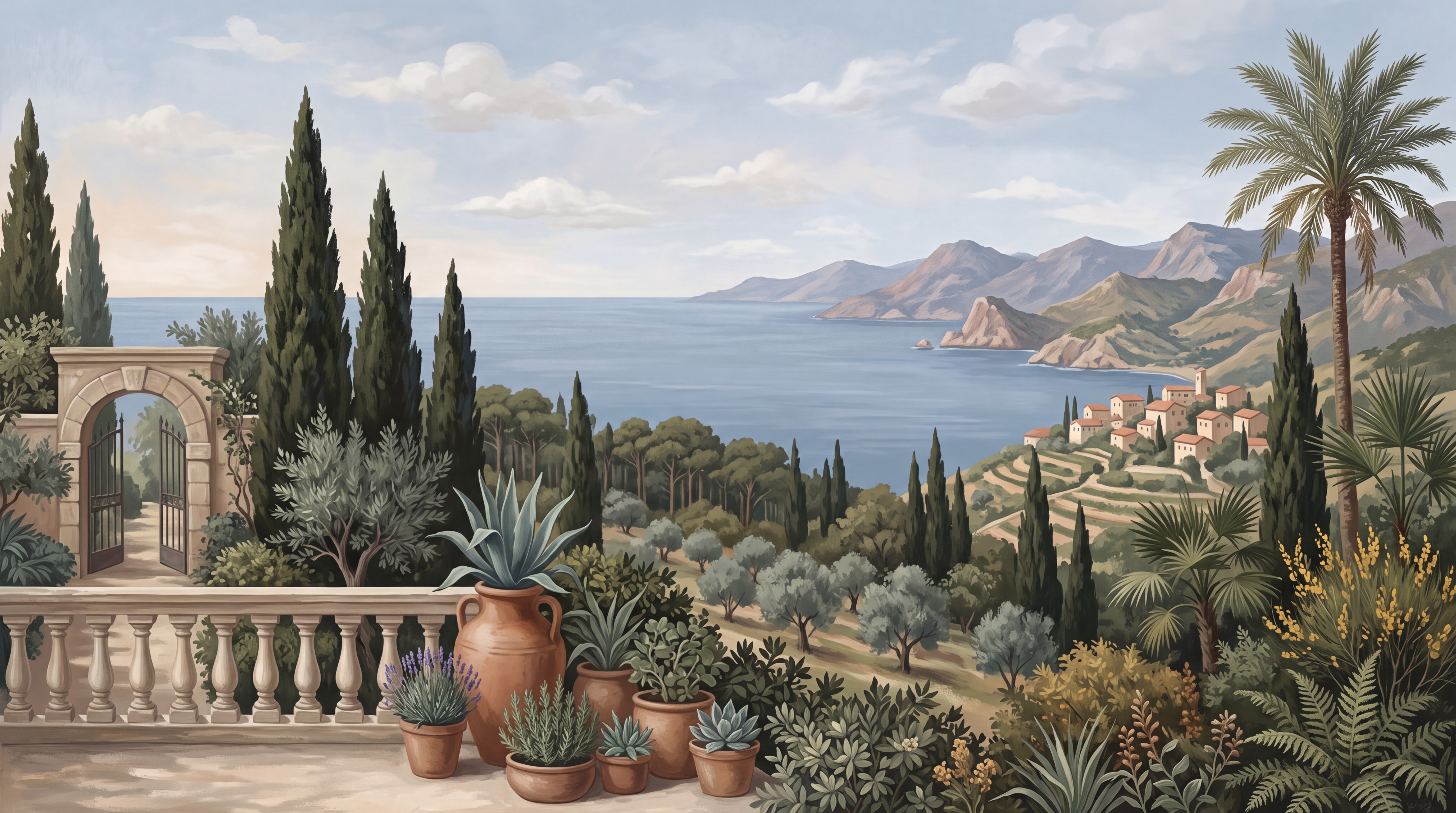Blue Coastal Scenic Layered Wallpaper Mural, Peel-and-stick Finish