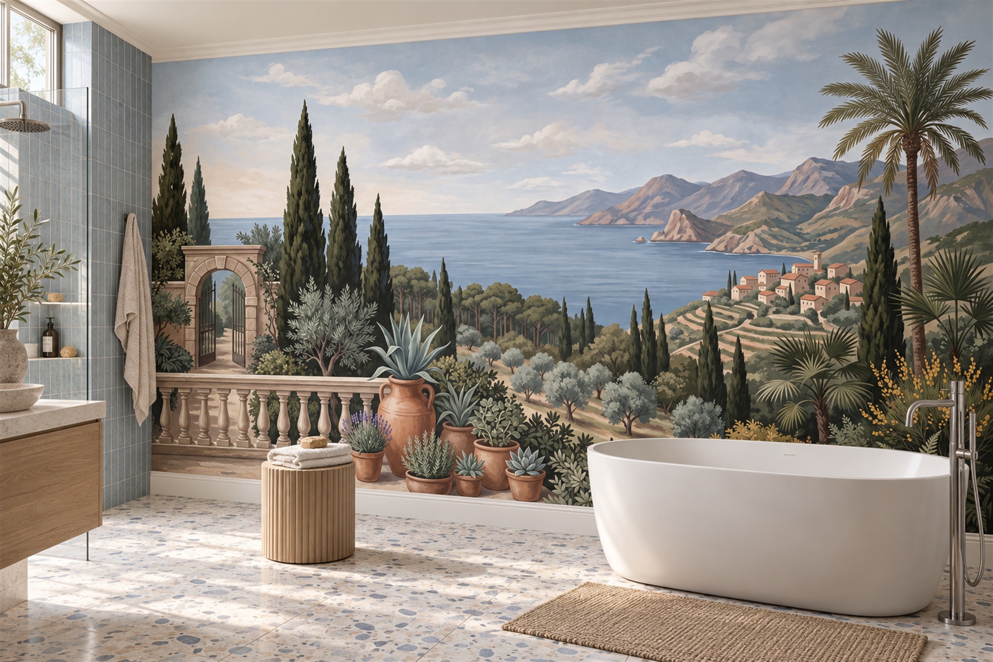 Blue Coastal Scenic Layered Wallpaper Mural Living-room-wallpaper-murals, Peel-and-stick Finish