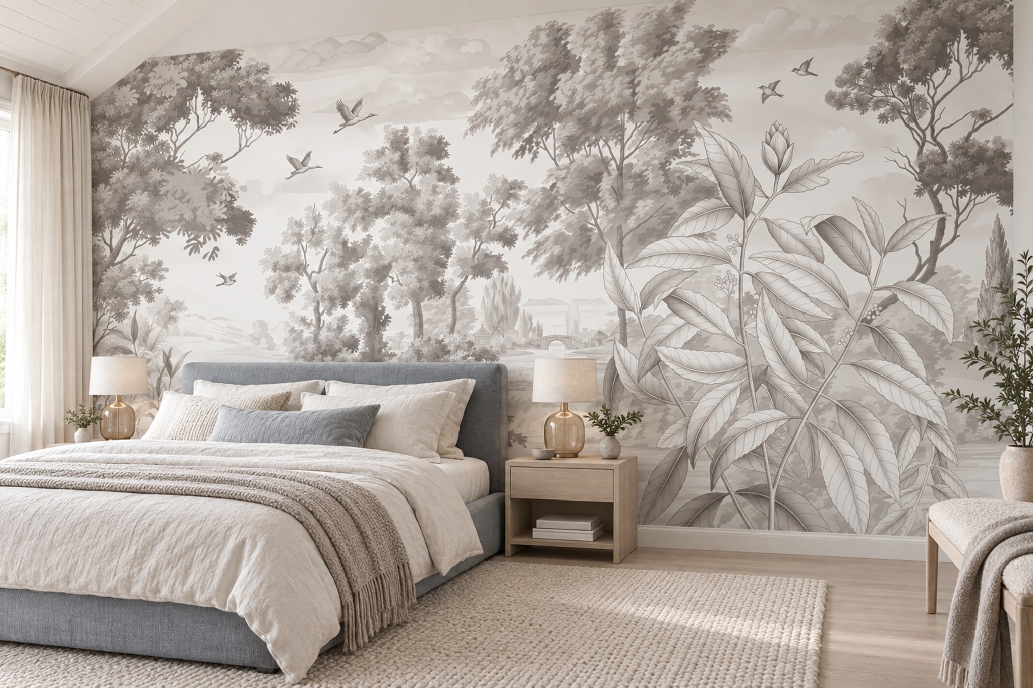 Taupe Jungle Scenic Wallpaper Mural Bedroom-wallpaper-murals, Peel-and-stick Finish