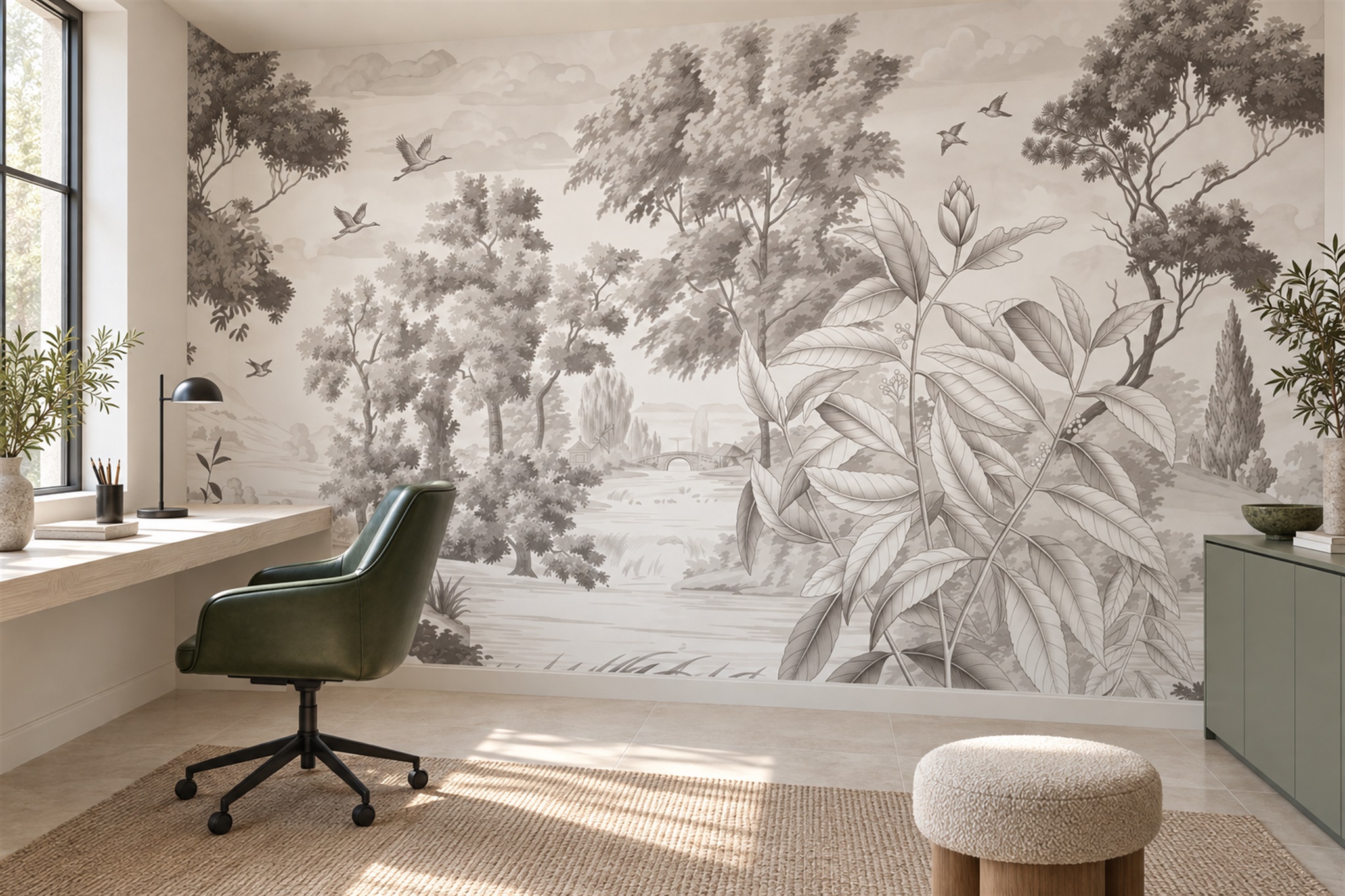Taupe Jungle Scenic Wallpaper Mural Home-office-wallpaper-murals, Peel-and-stick Finish