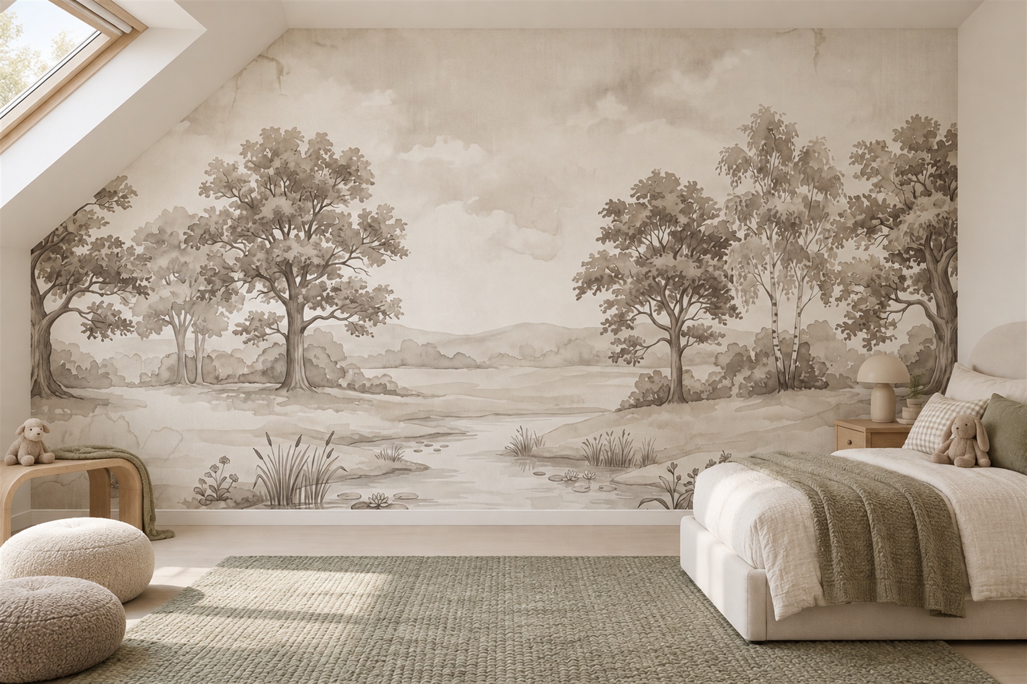 Beige River Scenic Wallpaper Mural Kids-room-wallpaper-murals, Peel-and-stick Finish