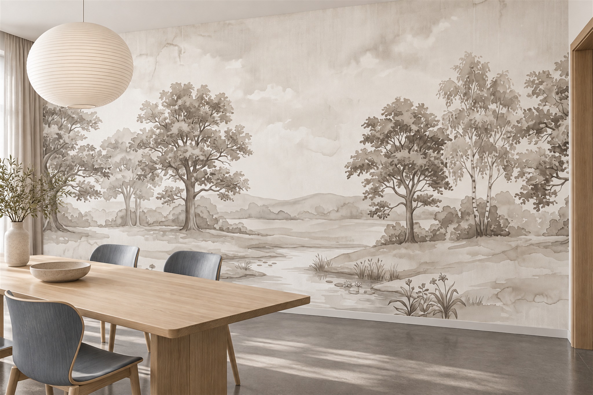 Beige River Scenic Wallpaper Mural Dining-room-wallpaper-murals, Shown In A Dining Room, Peel-and-stick Finish