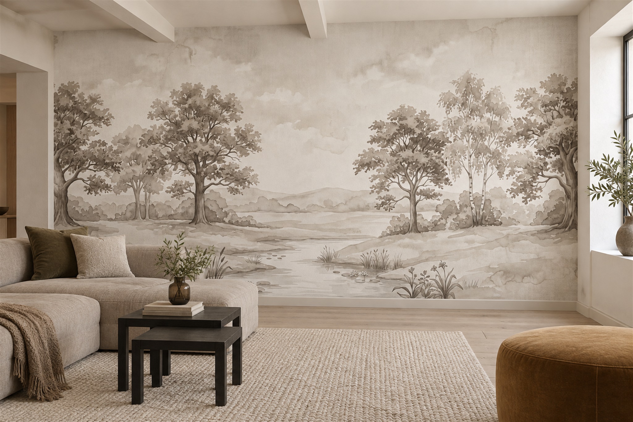 Sepia Woodland Pond With Reeds And Water Lilies Wallpaper Mural — Wallpaper Mural Design, Peel-and-stick Finish