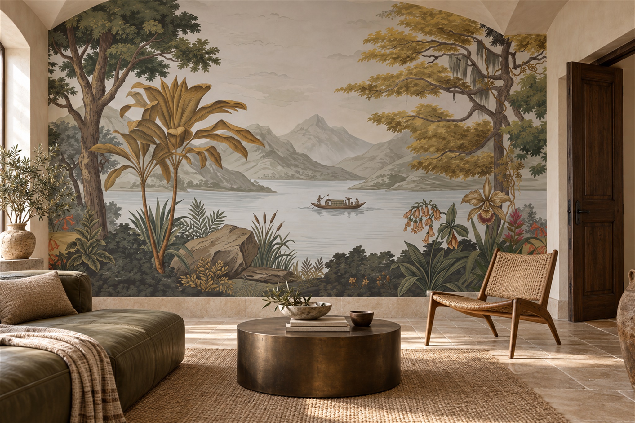 Olive Scenic Scenic Lake Wallpaper Mural Living-room-wallpaper-murals, Shown In A Living Room, Peel-and-stick Finish