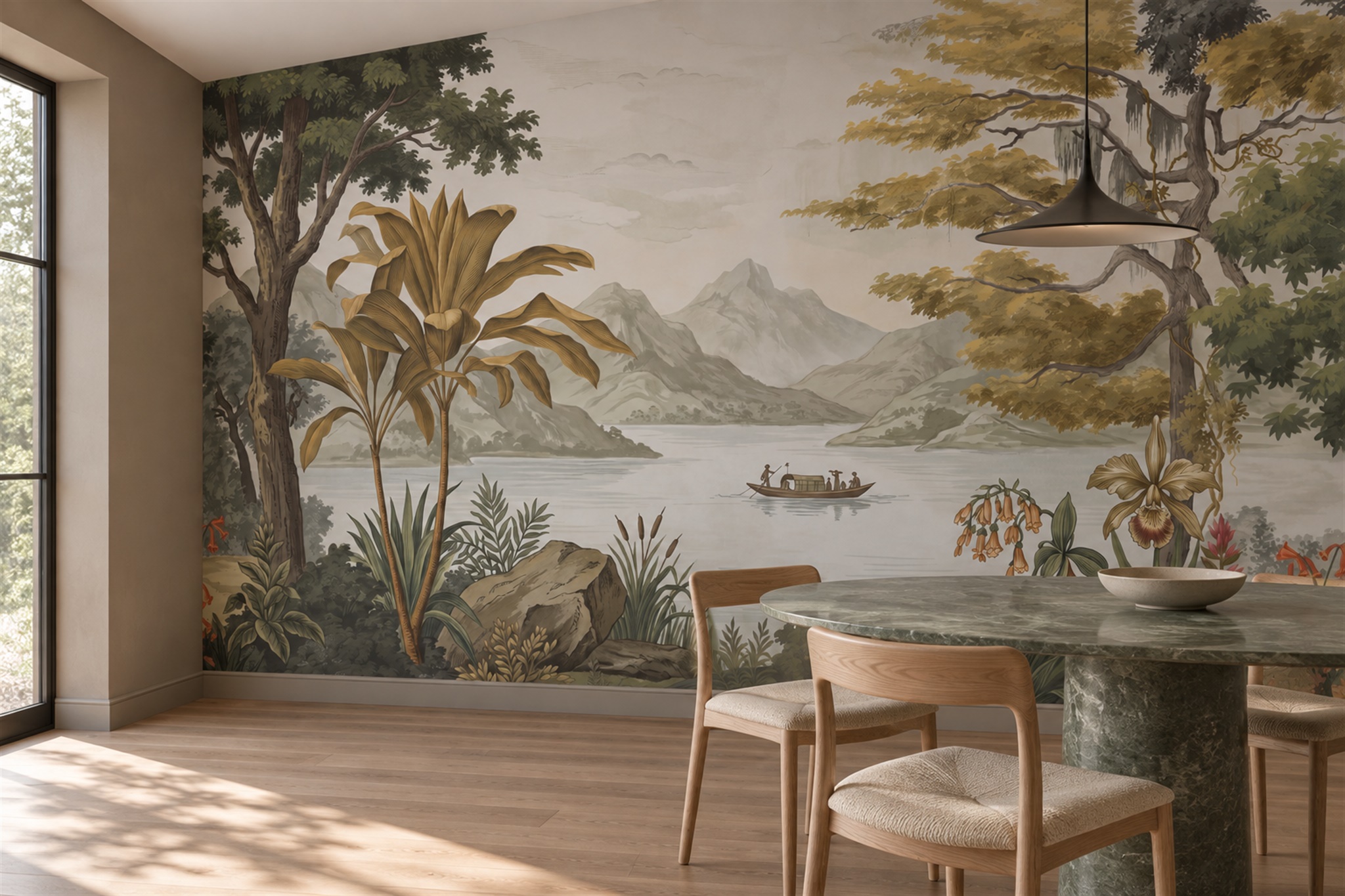 Olive Scenic Scenic Lake Wallpaper Mural Dining-room-wallpaper-murals, Shown In A Dining Room, Peel-and-stick Finish