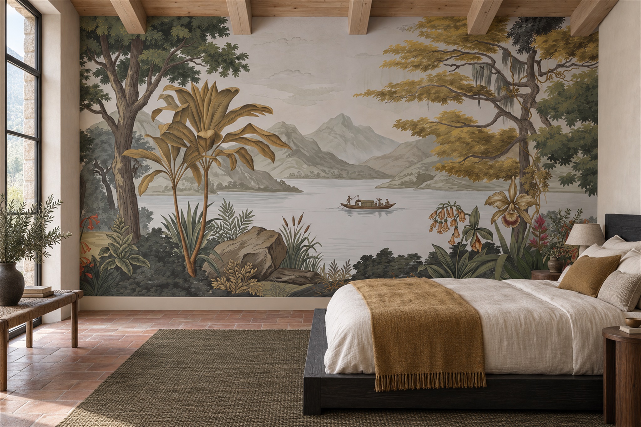 Mountain Lake Canoe Beneath Framing Trees Wallpaper Mural — Installed Wallpaper Mural In A Bedroom, Peel-and-stick Finish