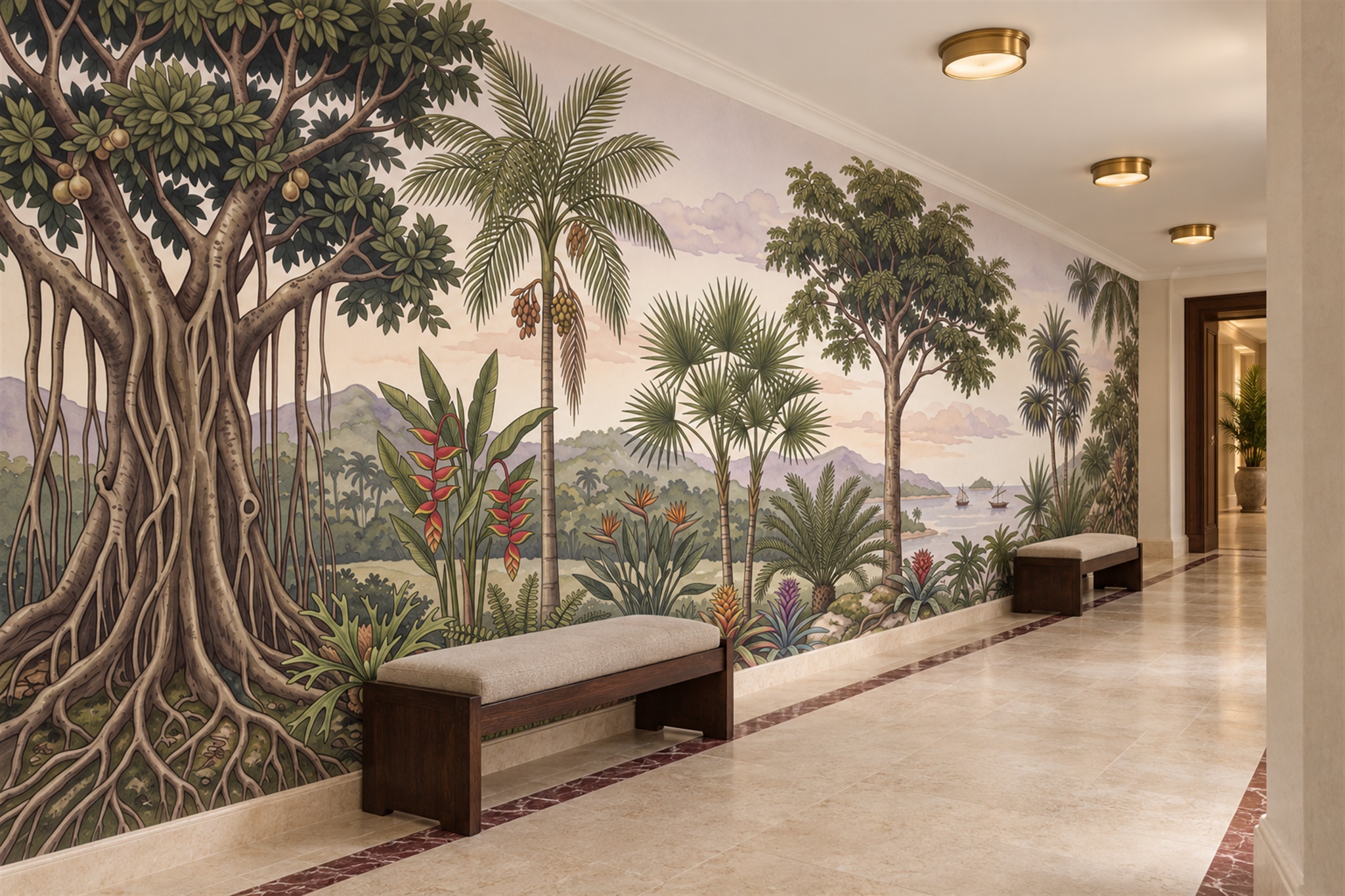 Green Tropical Artful Jungle Wallpaper Mural Hallway-wallpaper-murals, Peel-and-stick Finish