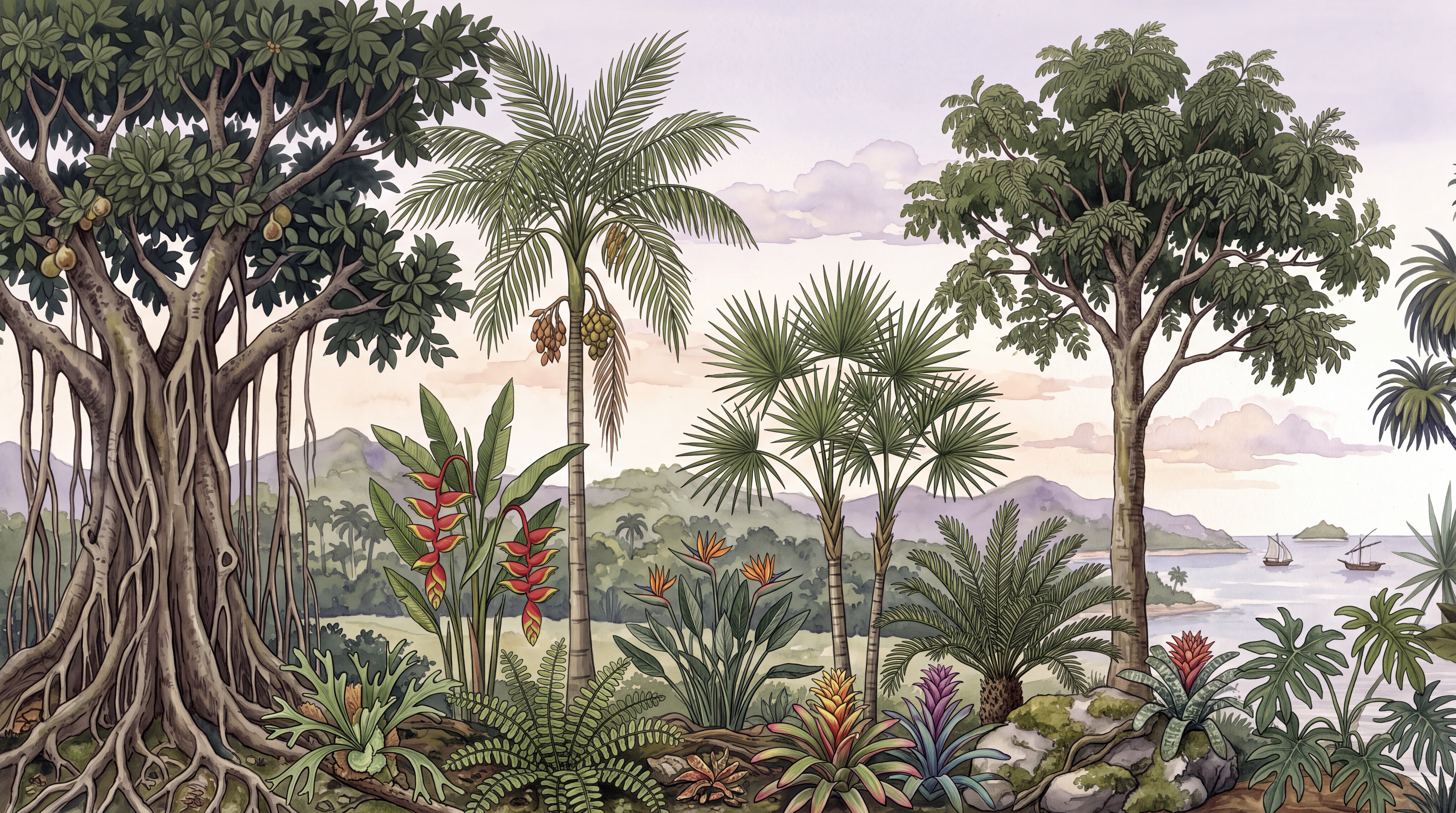 Green Tropical Artful Jungle Wallpaper Mural, Peel-and-stick Finish