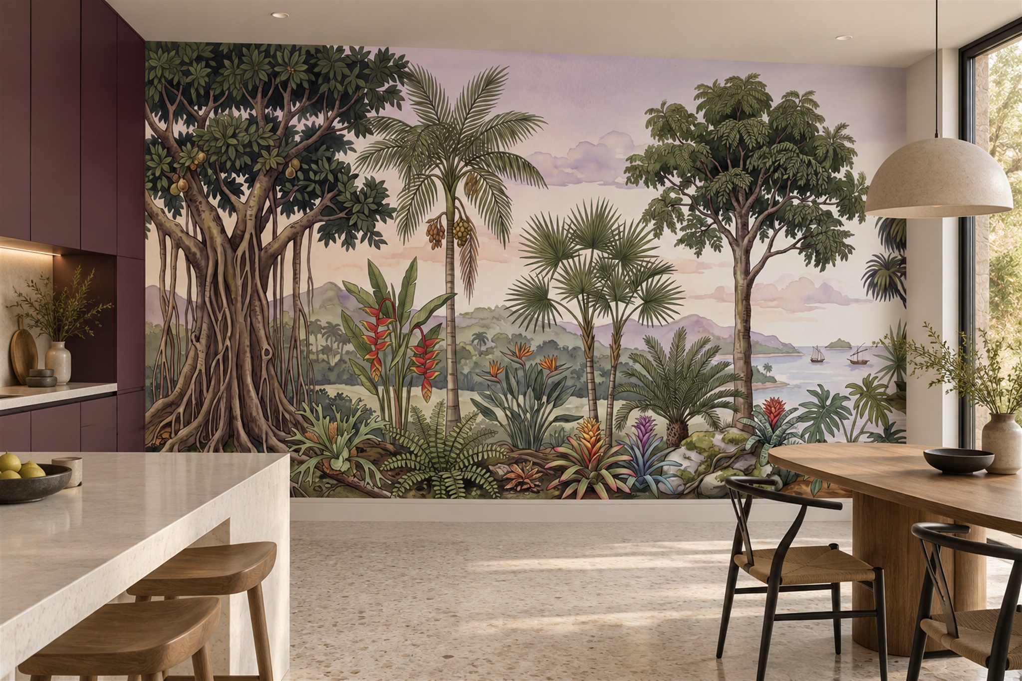 Green Tropical Artful Jungle Wallpaper Mural Bathroom-wallpaper-murals, Peel-and-stick Finish