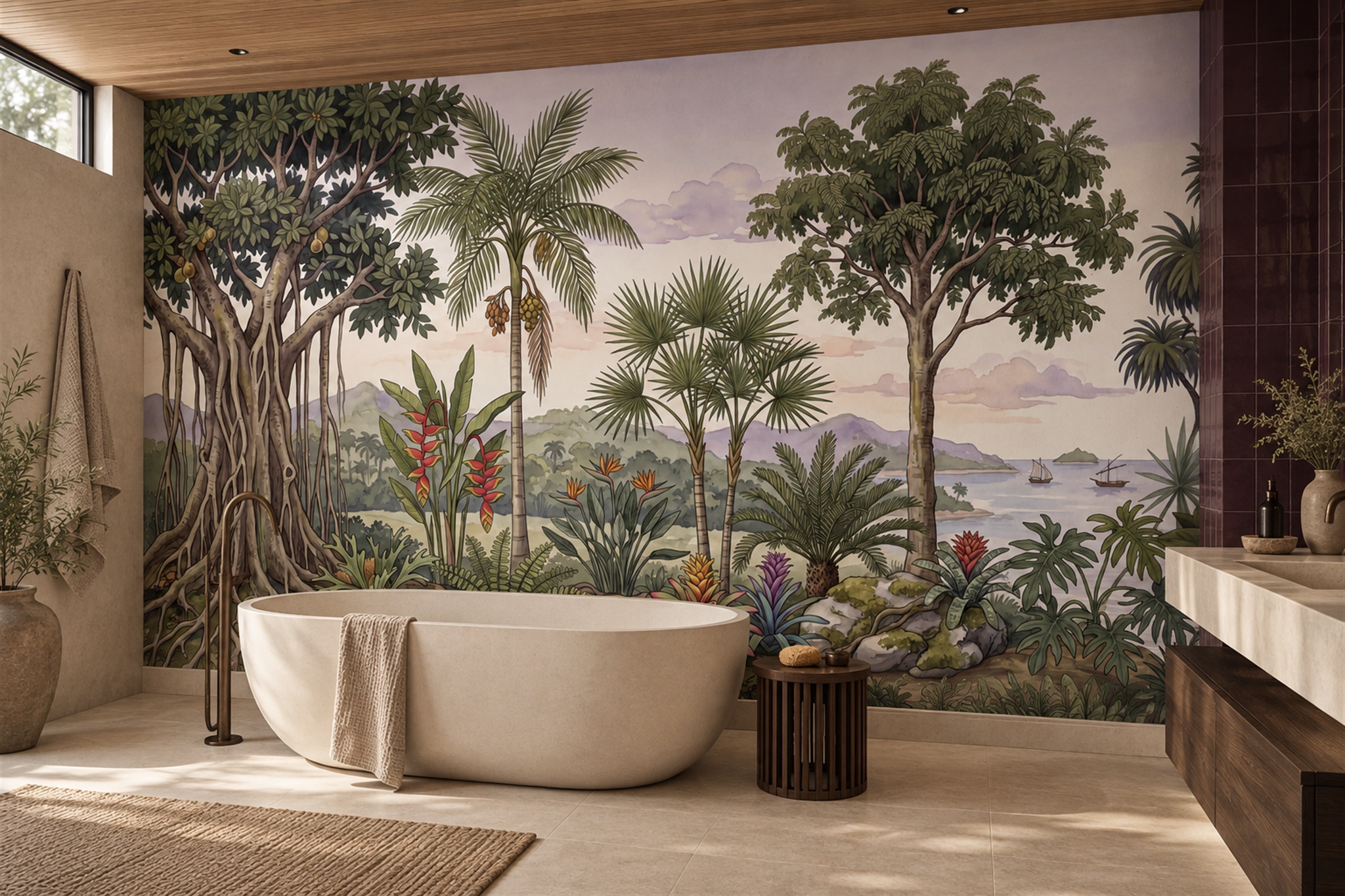 Green Tropical Artful Jungle Wallpaper Mural Bathroom-wallpaper-murals, Peel-and-stick Finish