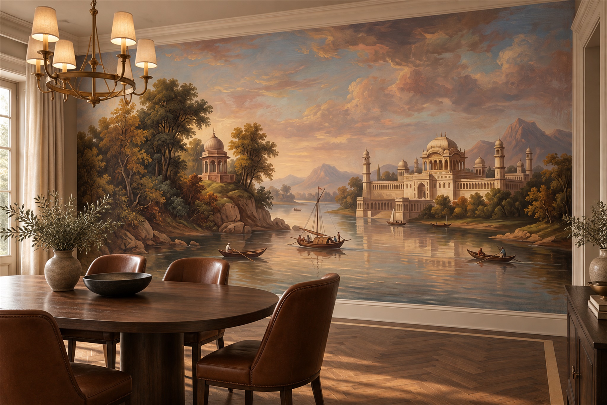 Gold Palace Scenic Wallpaper Mural Dining-room-wallpaper-murals, Shown In A Dining Room, Peel-and-stick Finish