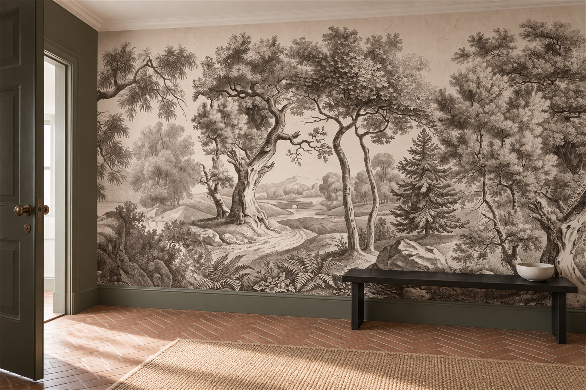 Taupe Pattern Decorative Illustrated Wallpaper Mural Entryway-wallpaper-murals, Peel-and-stick Finish