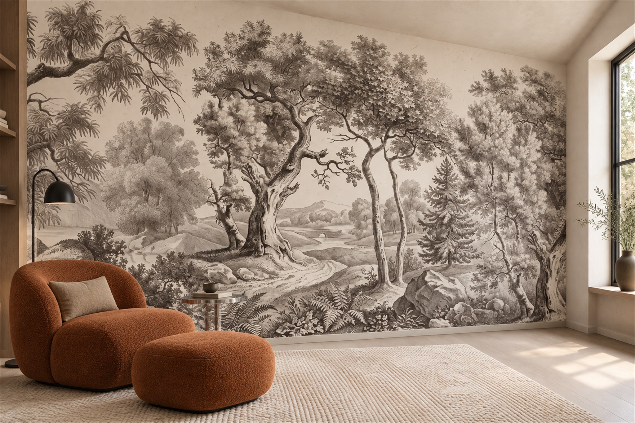 Monochrome Woodland River And Distant Bridge Wallpaper Mural — Wallpaper Mural Design, Peel-and-stick Finish