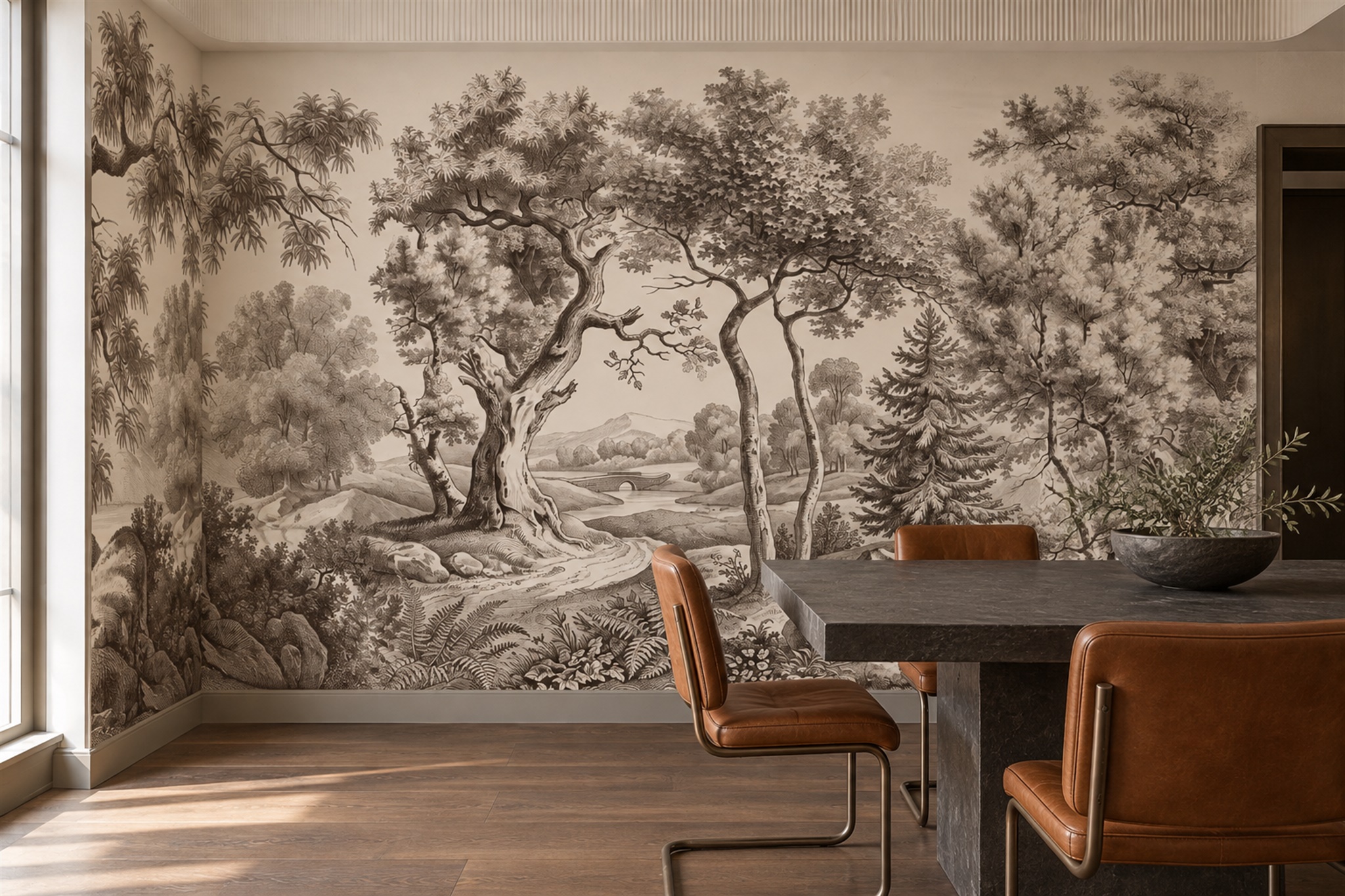 Taupe Pattern Decorative Illustrated Wallpaper Mural Dining-room-wallpaper-murals, Shown In A Dining Room, Peel-and-stick Finish