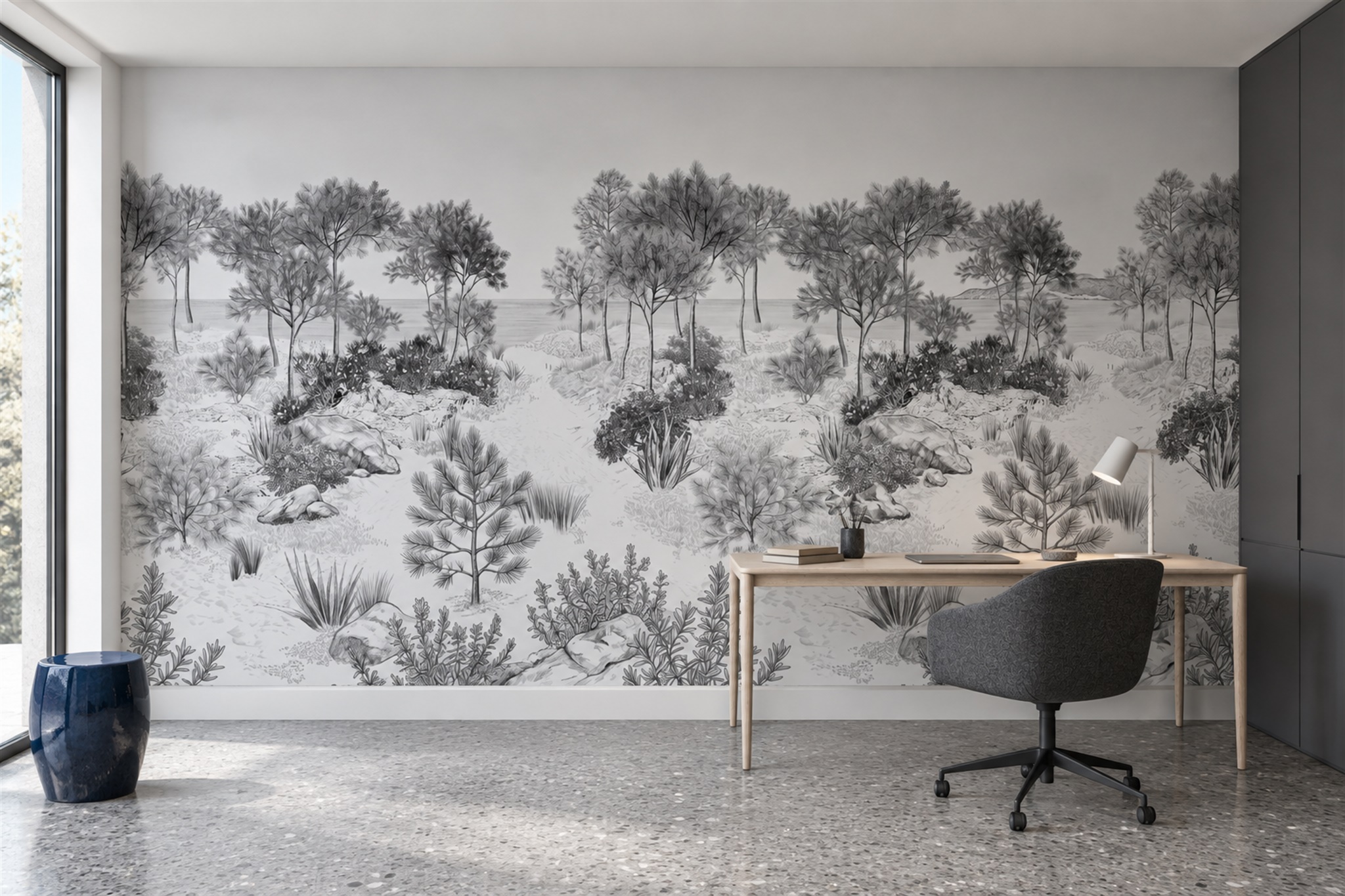 Grey Forest Scenic Watercolour Wallpaper Mural Accent-wall-wallpaper-murals, Peel-and-stick Finish