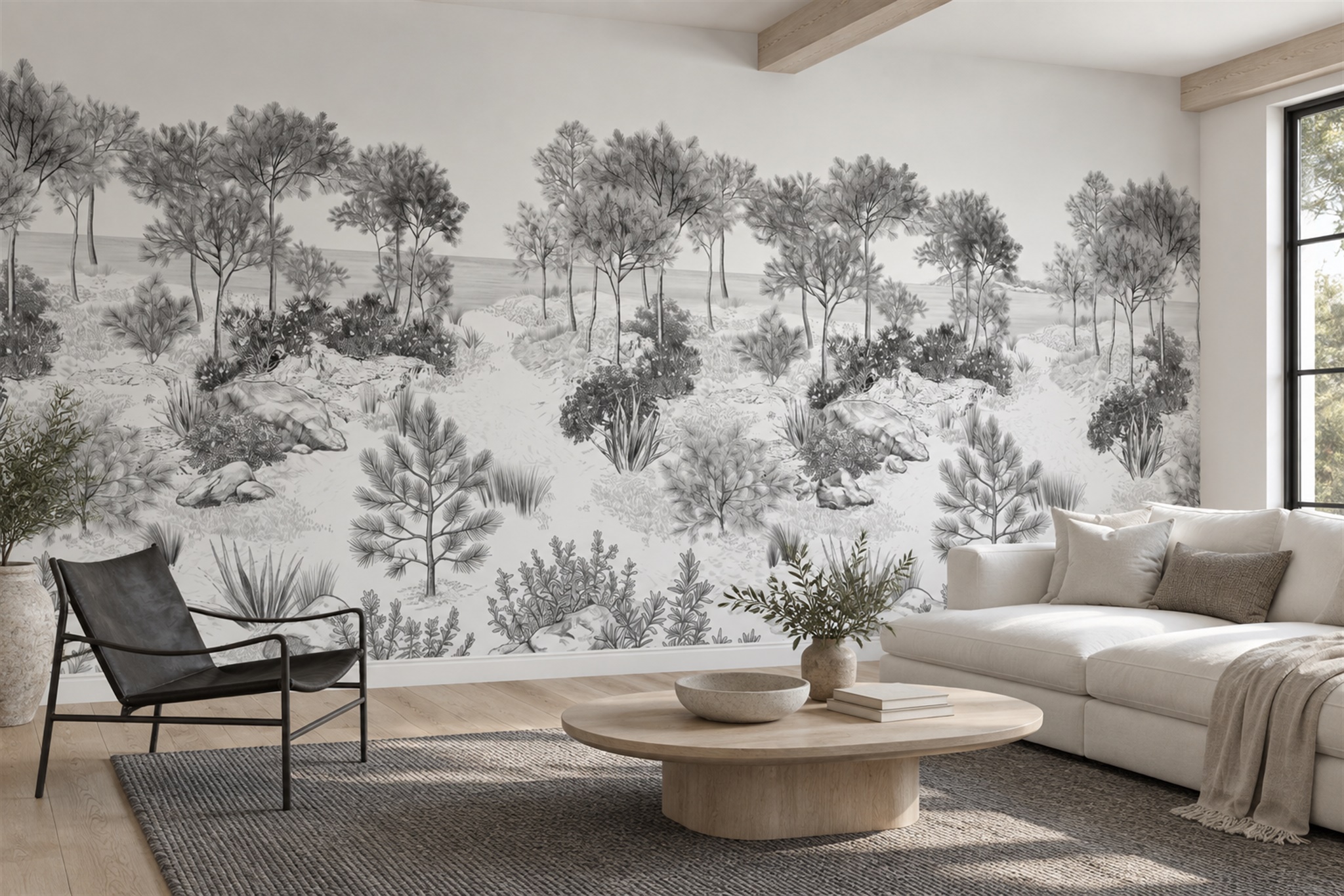 Grey Forest Scenic Watercolour Wallpaper Mural Accent-wall-wallpaper-murals, Peel-and-stick Finish
