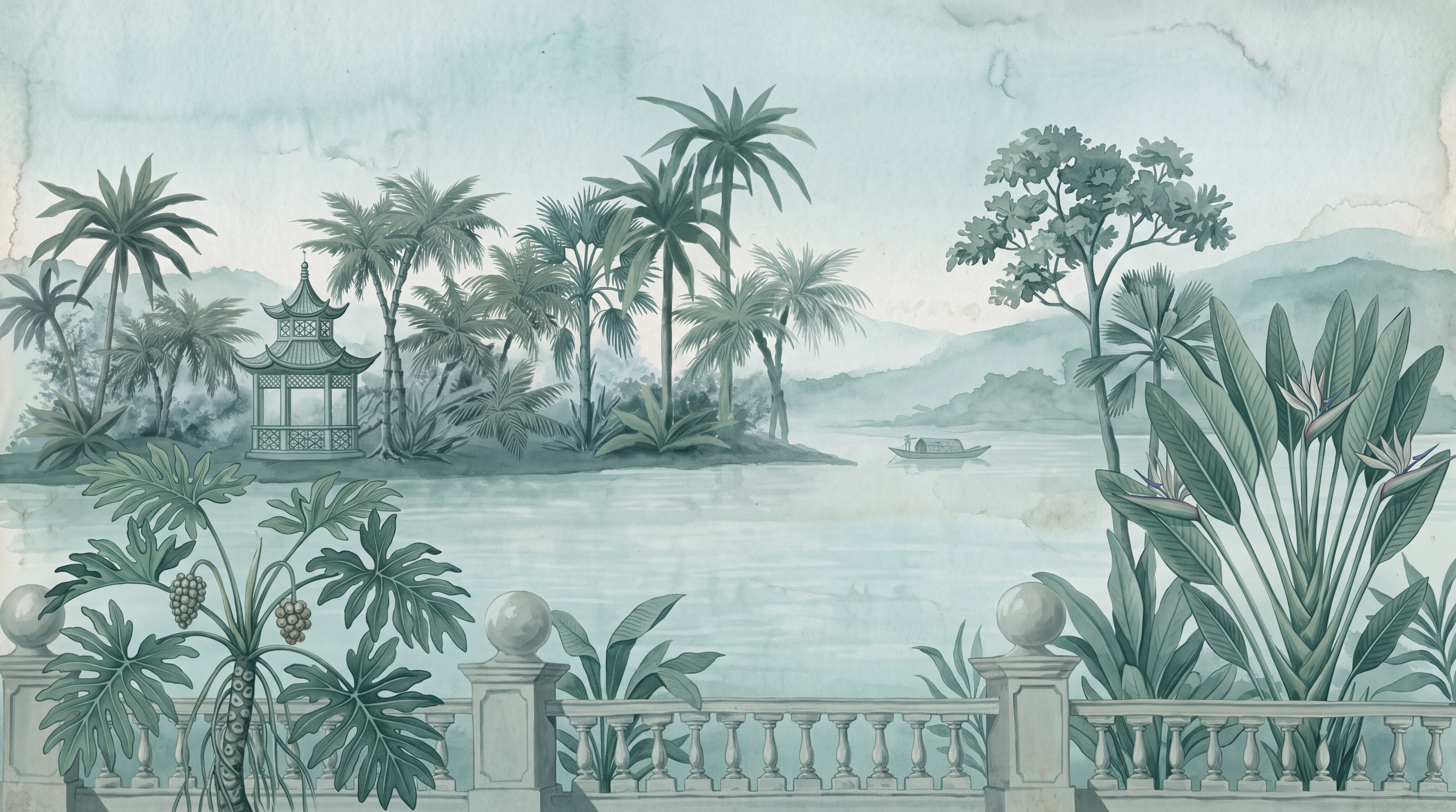 Aqua Pattern Decorative Layered Wallpaper Mural, Peel-and-stick Finish